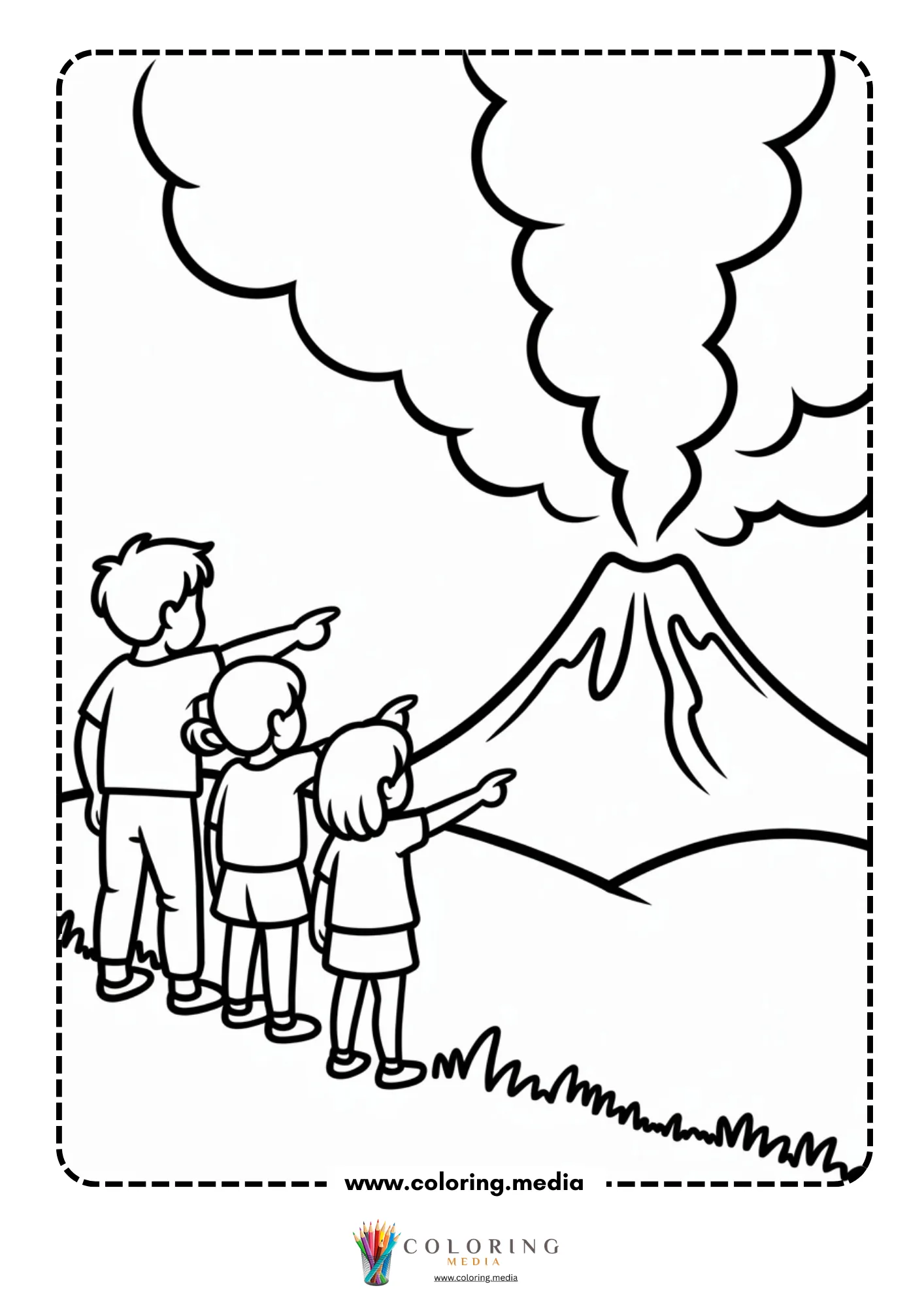Volcano coloring page with landscape view of an eruption