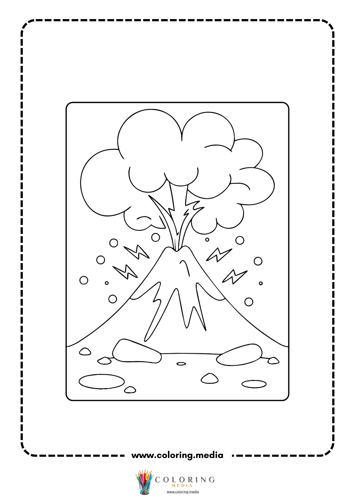 Volcano coloring page with ash plume above a crater