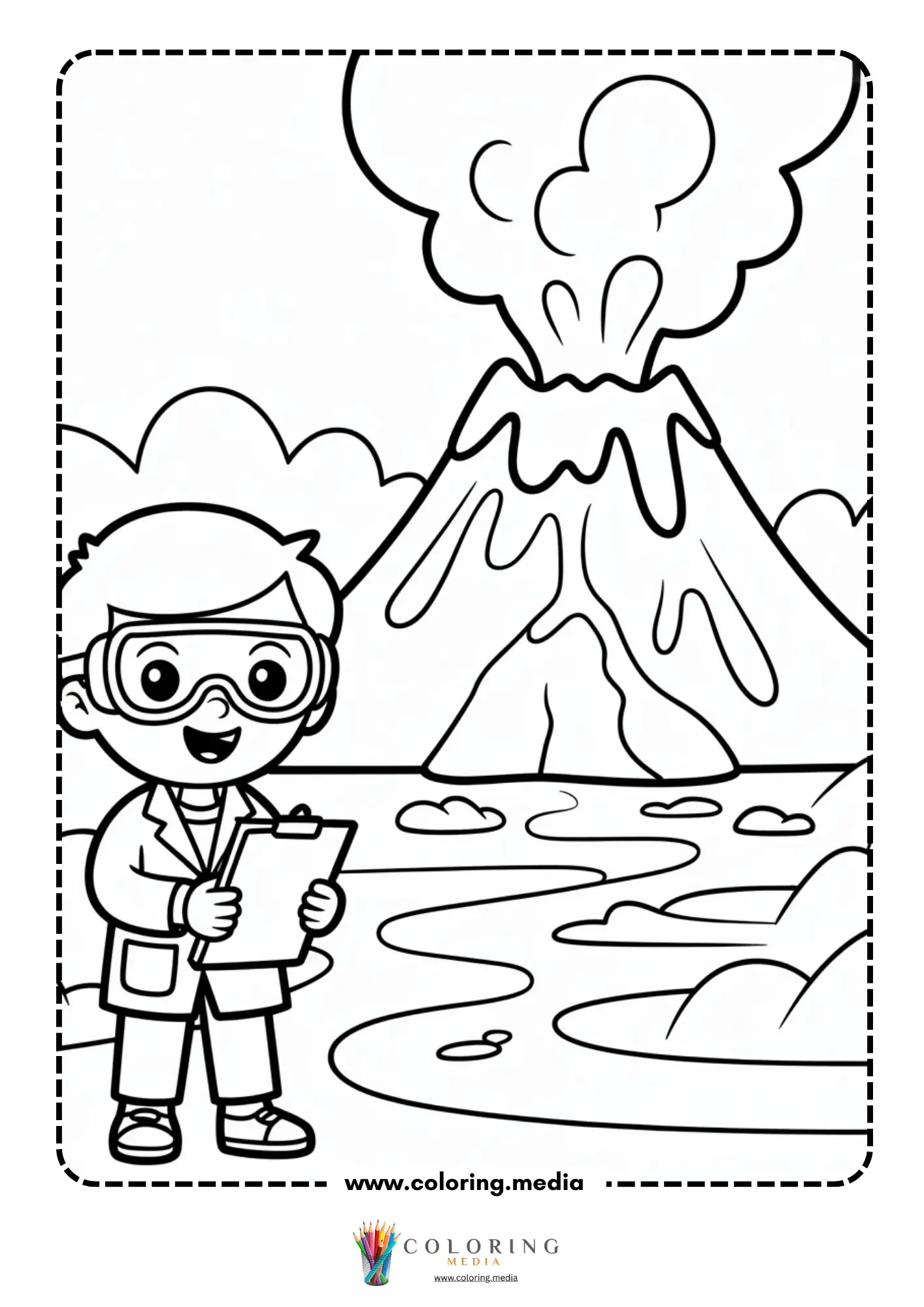 Volcano coloring page with active volcano and ash plume