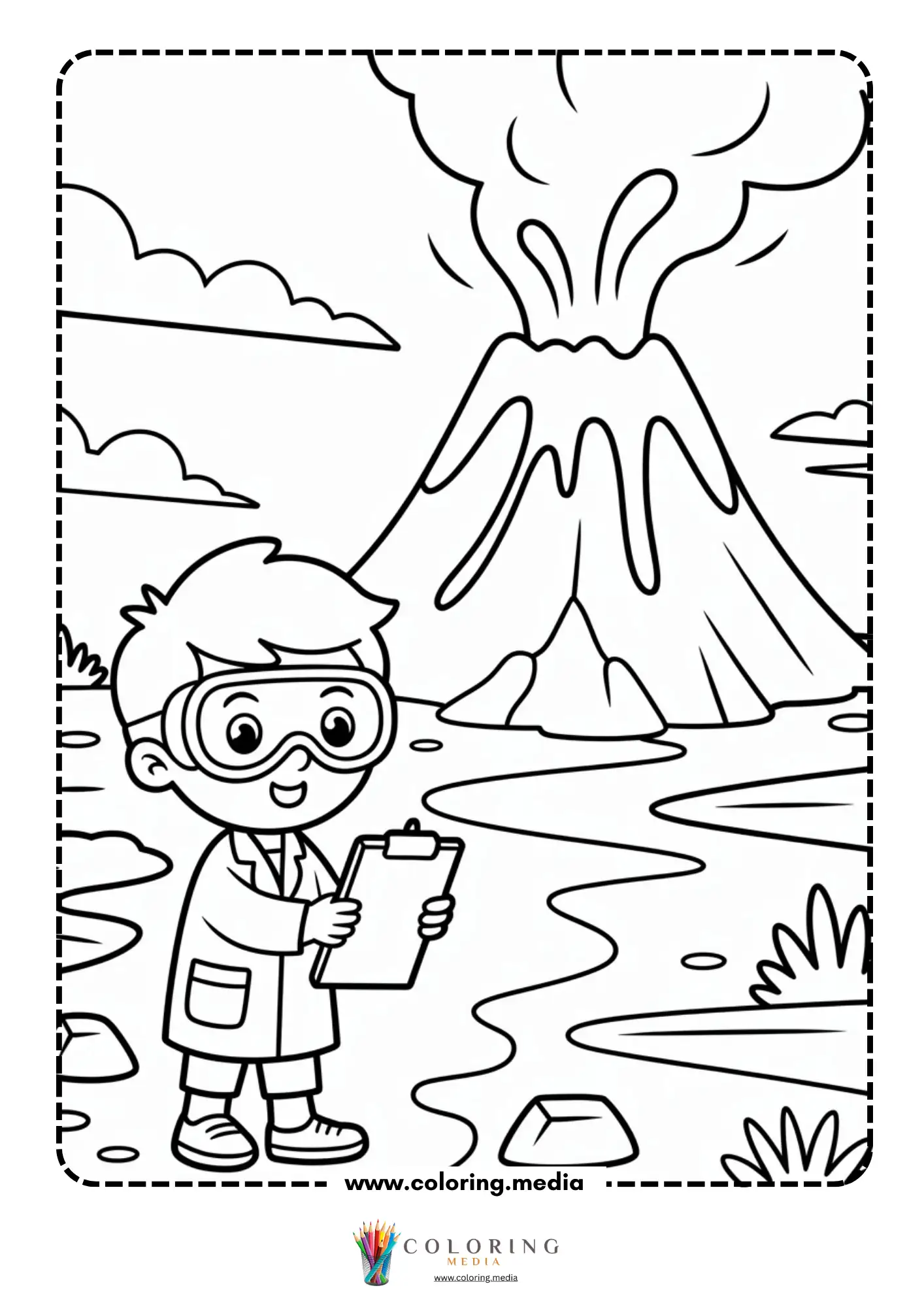 Volcano coloring page with volcano beside small hills