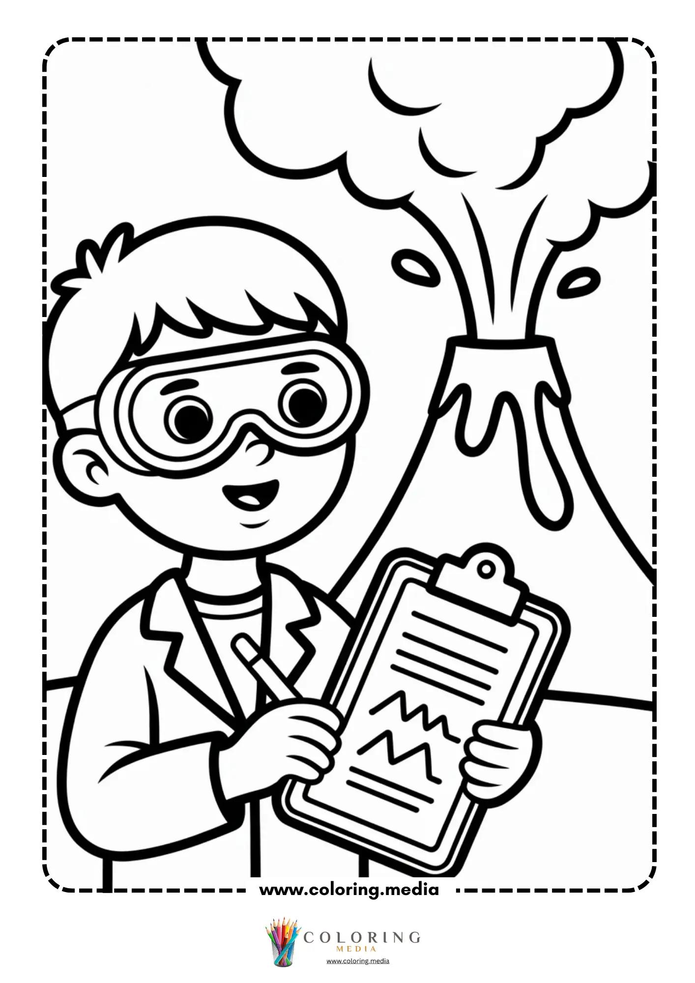 Volcano coloring page with simple volcano diagram style scene