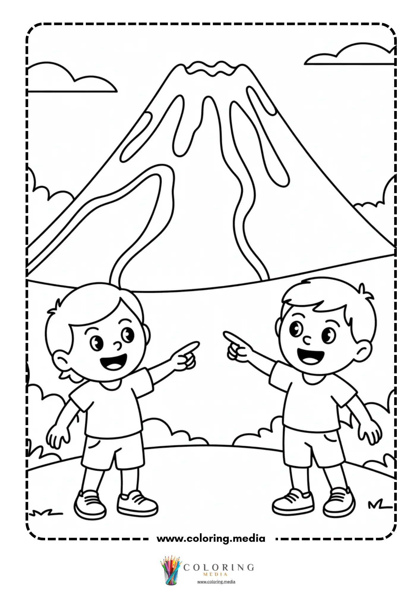 Volcano coloring page with volcano eruption and rocky foreground