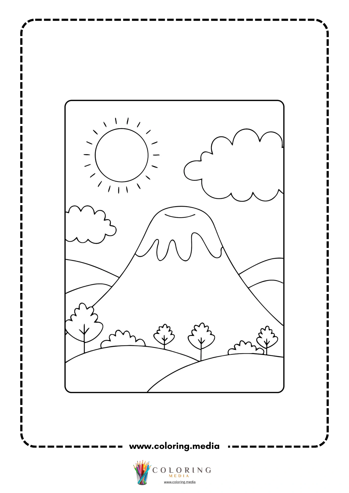 Volcano coloring page with rocks around an erupting volcano