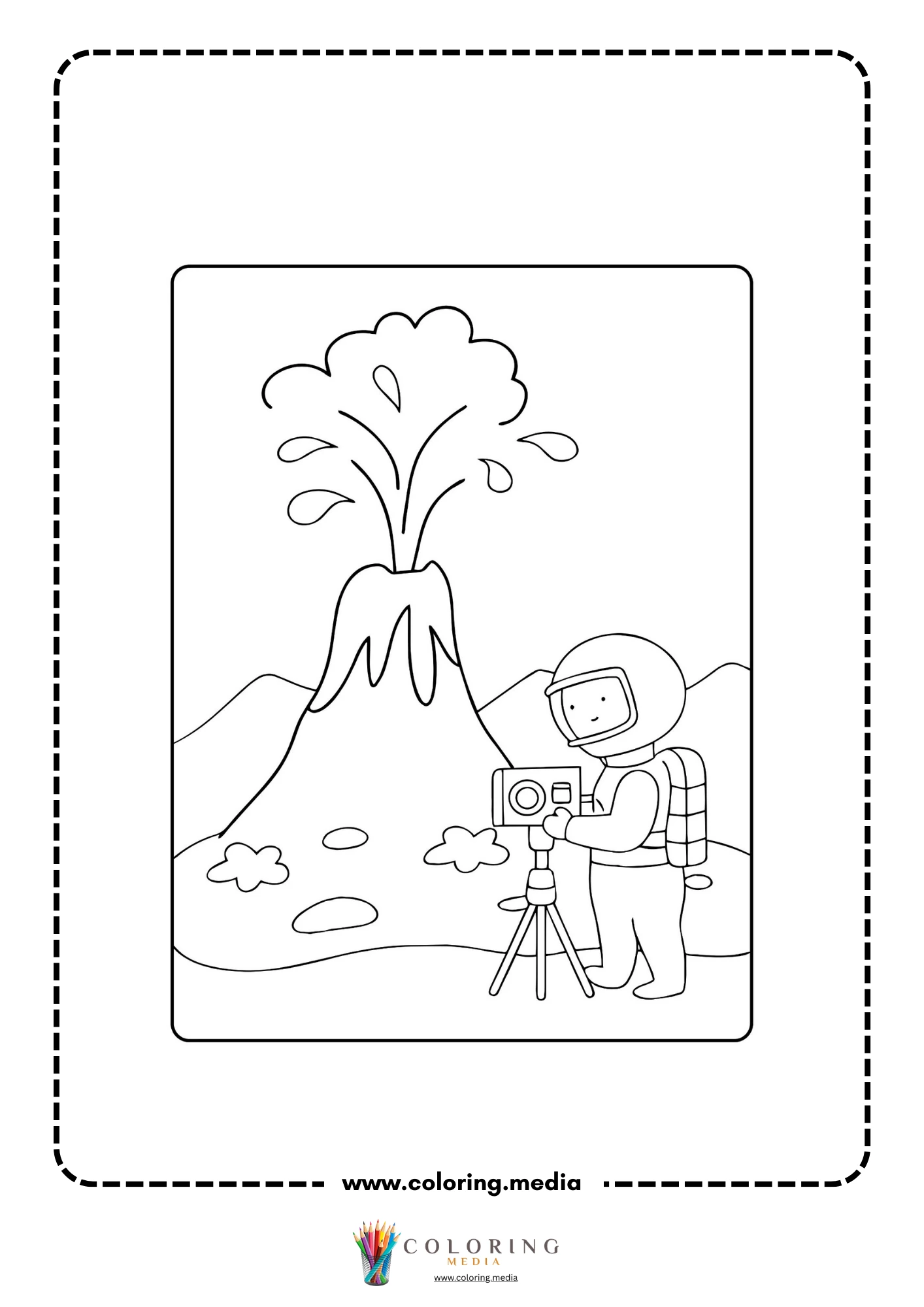 Volcano coloring page with volcano landscape and hills