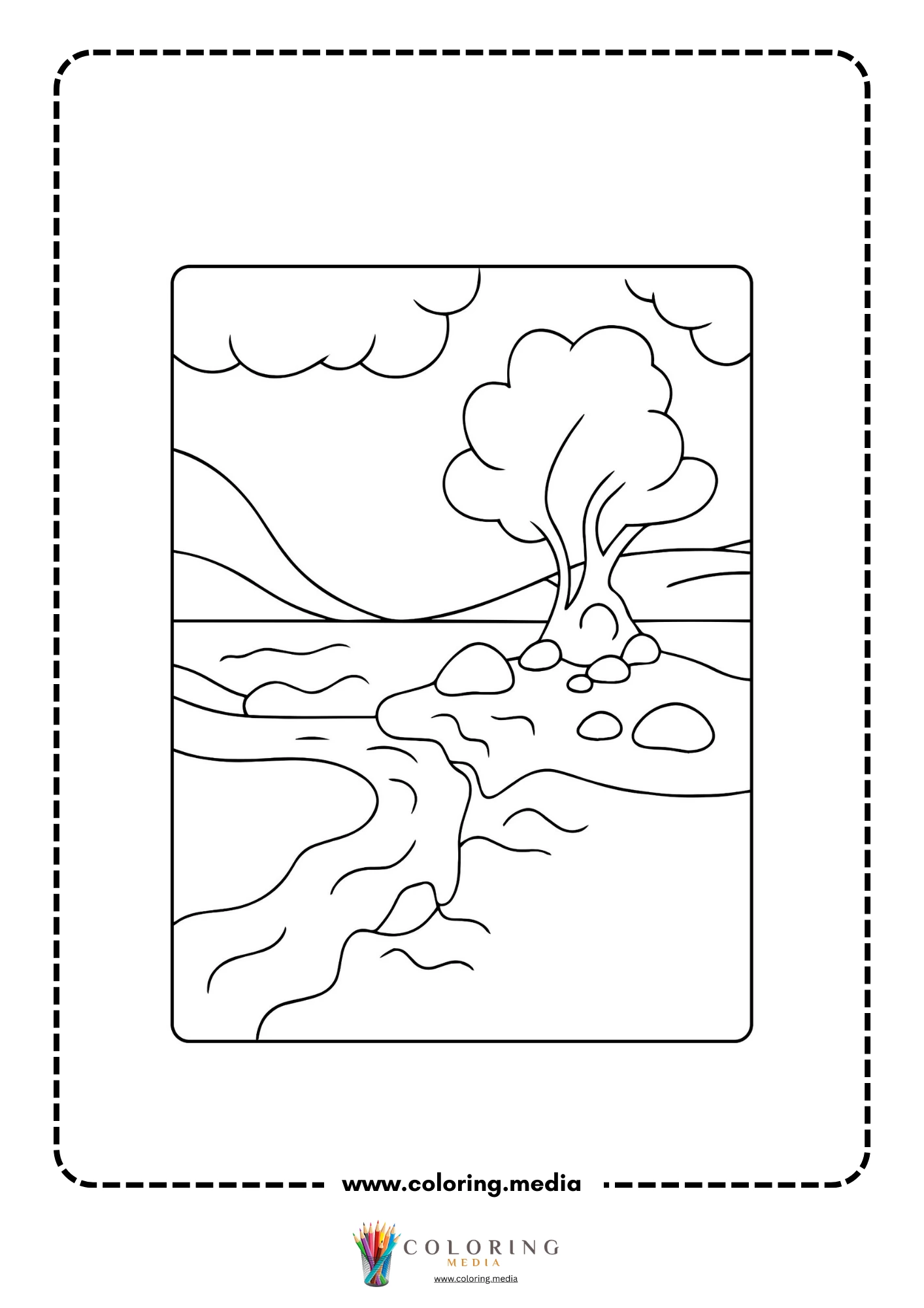 Volcano coloring page with steaming crater and lava drops