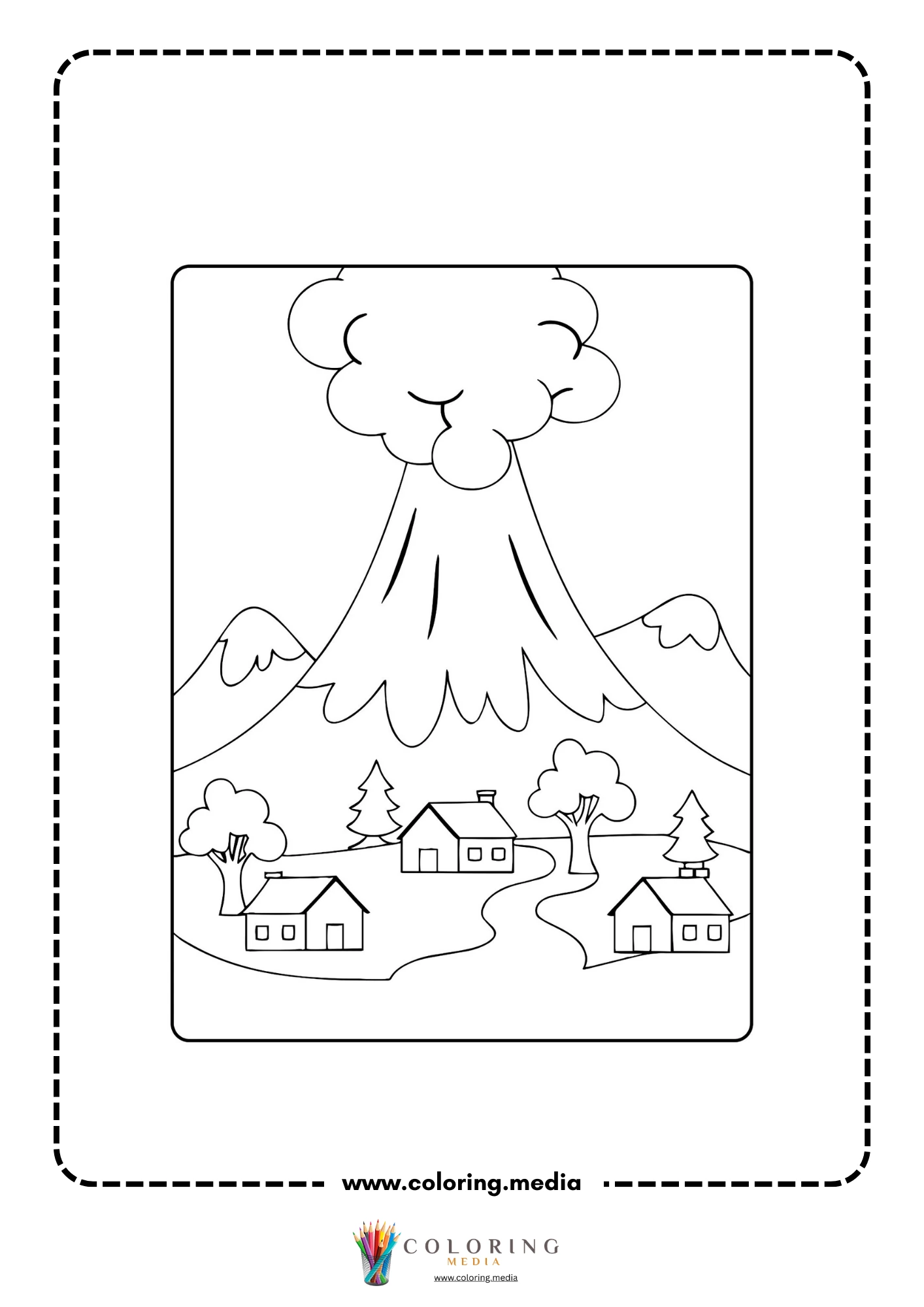 Volcano coloring page with tall volcano and eruption cloud