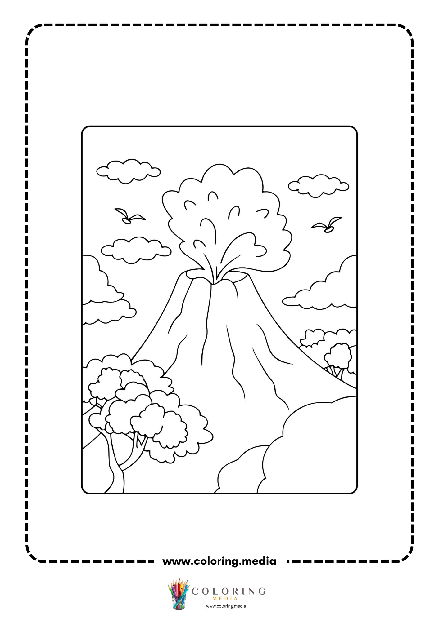 Volcano coloring page with lava river and mountain scene