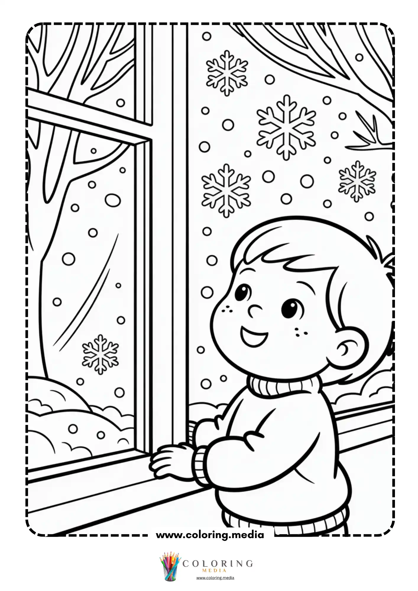 Child by snowy window