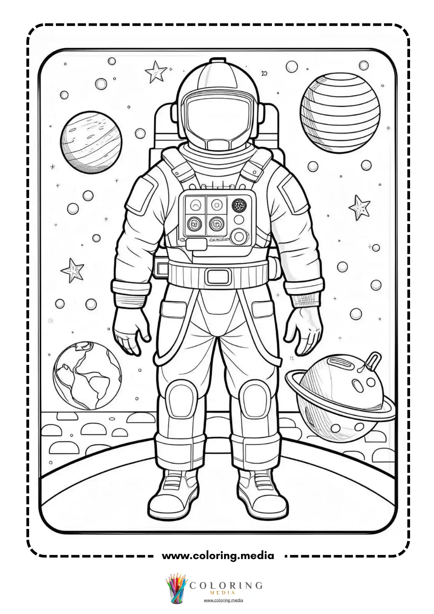 Astronaut coloring page with space suit planets and stars