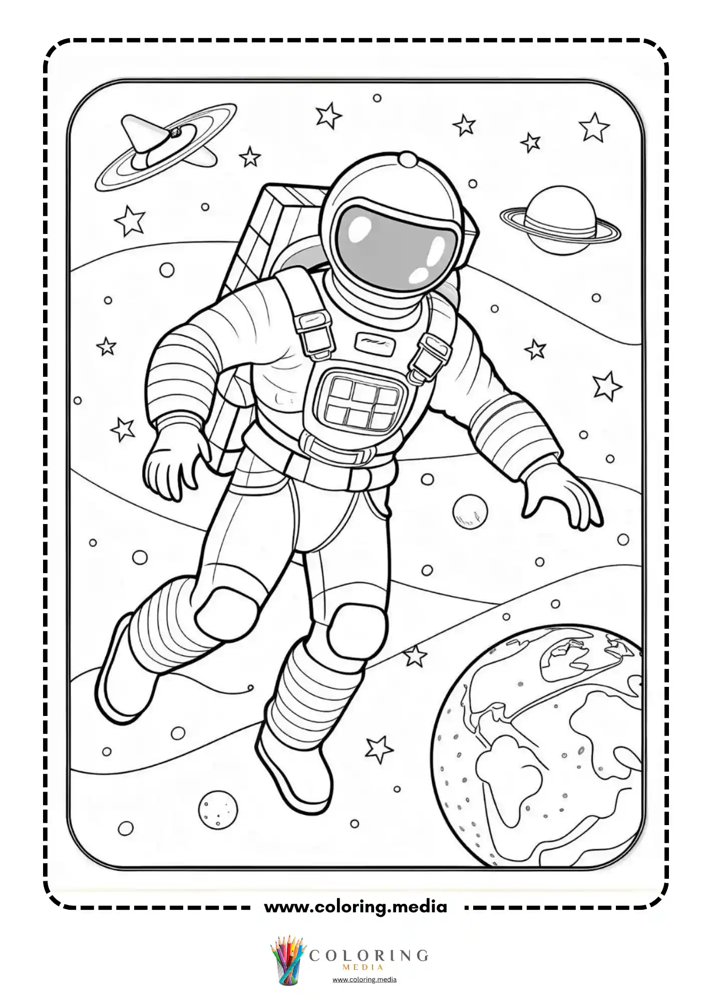 Astronaut coloring page with astronaut floating among stars
