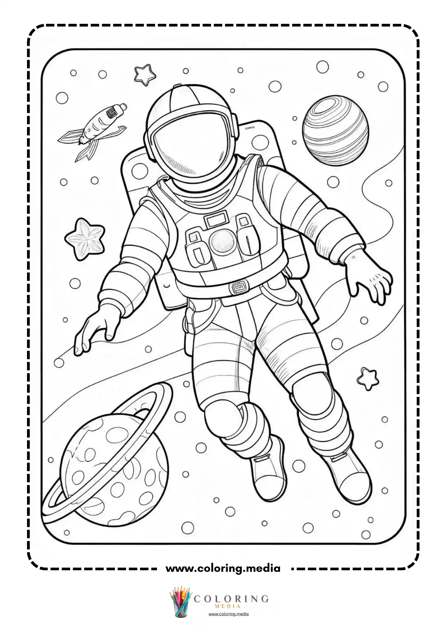 Astronaut coloring page with space suit backpack and planets