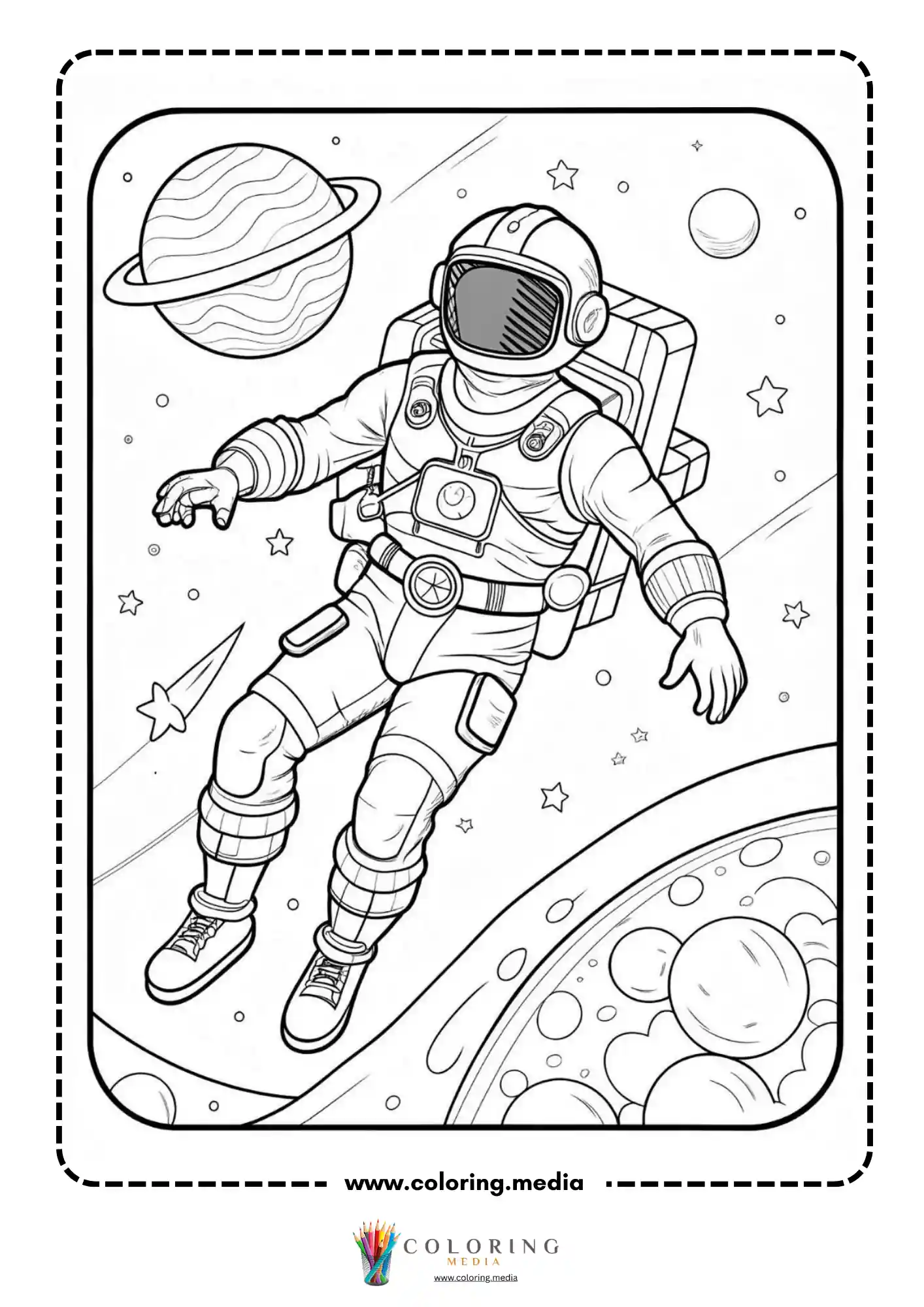 Astronaut coloring page with astronaut waving in space