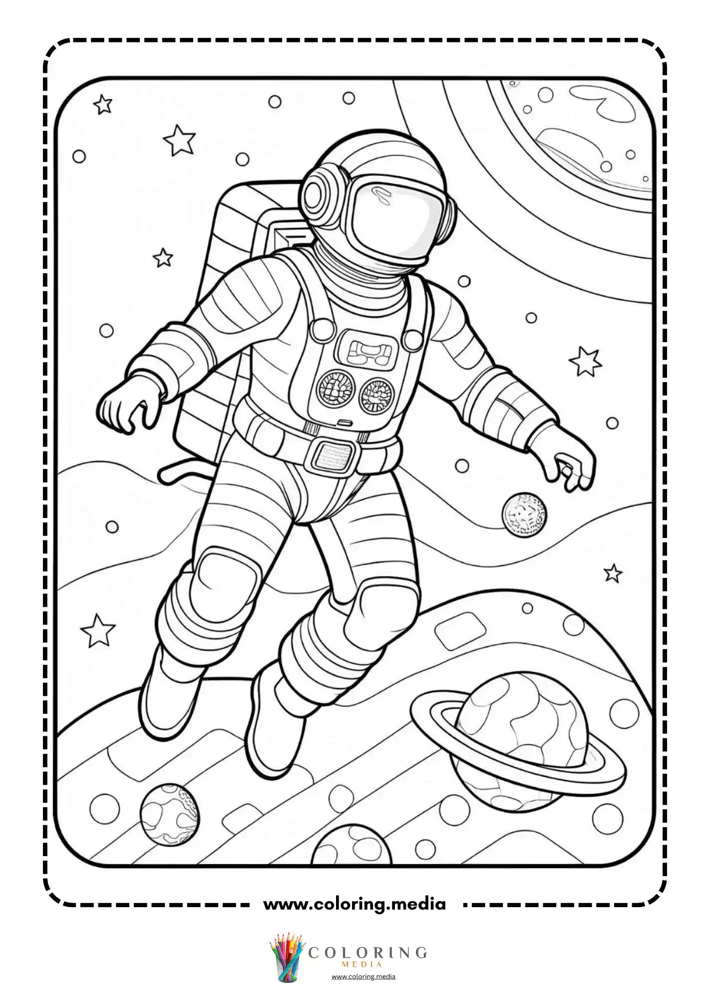 Astronaut coloring page with moon boots and space background