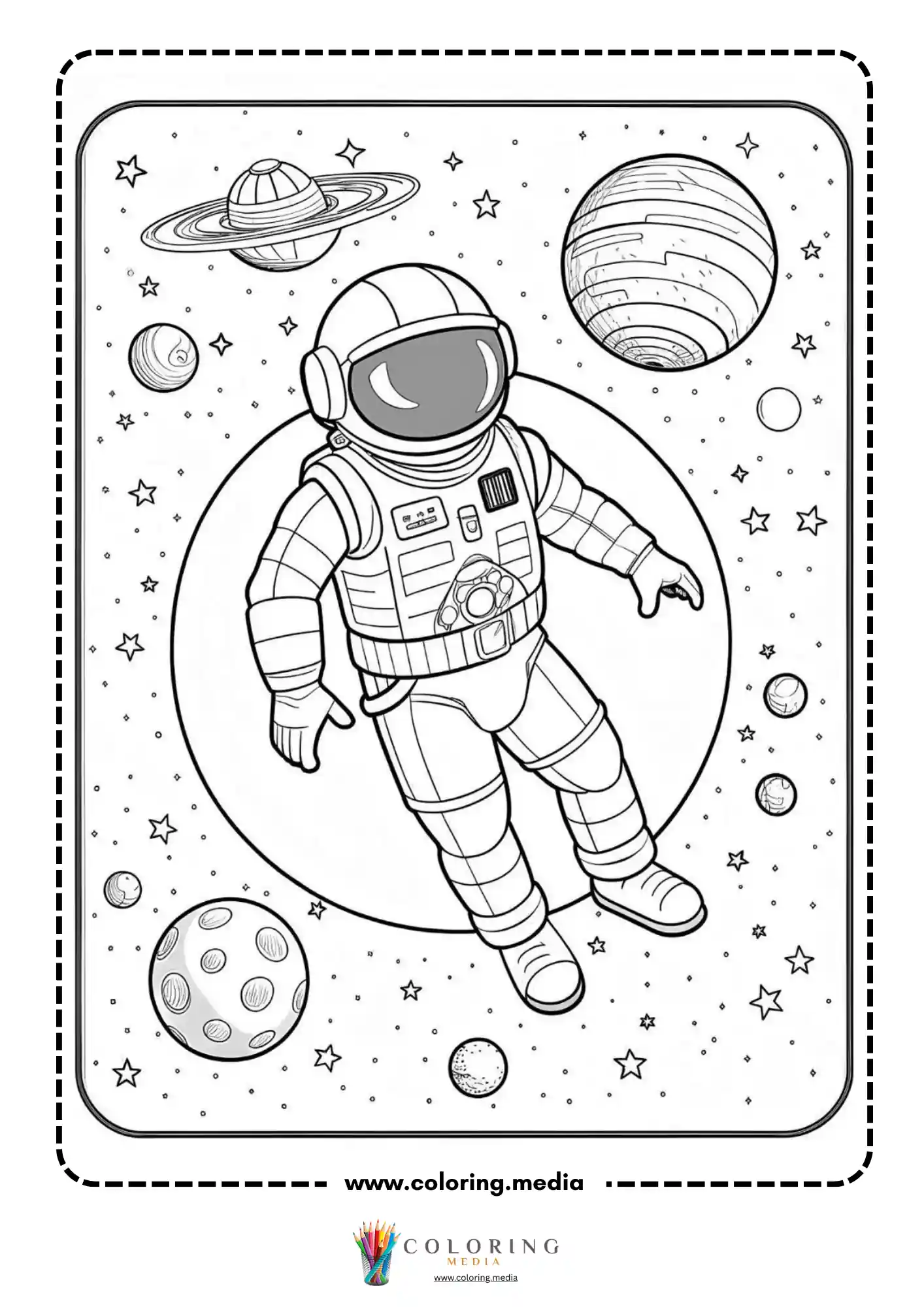 Astronaut coloring page with explorer floating in outer space