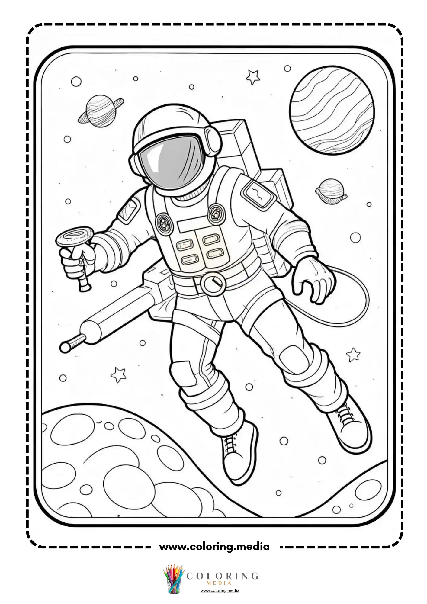 Astronaut coloring page with explorer beside stars and planets