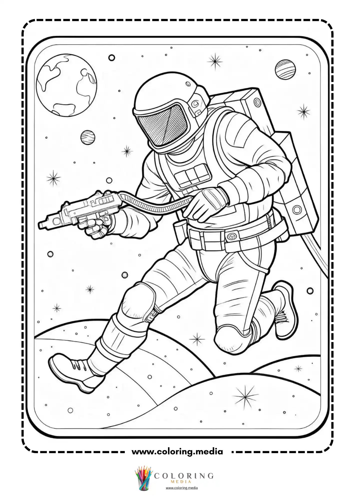 Astronaut coloring page with cosmic scene and helmeted astronaut