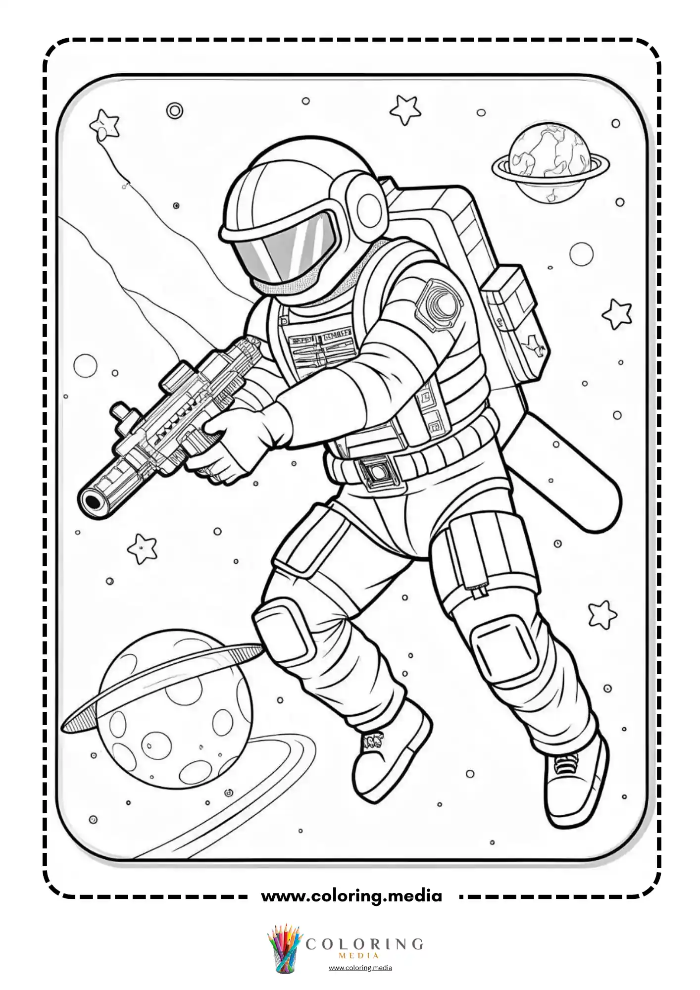 Astronaut coloring page with space adventure line art