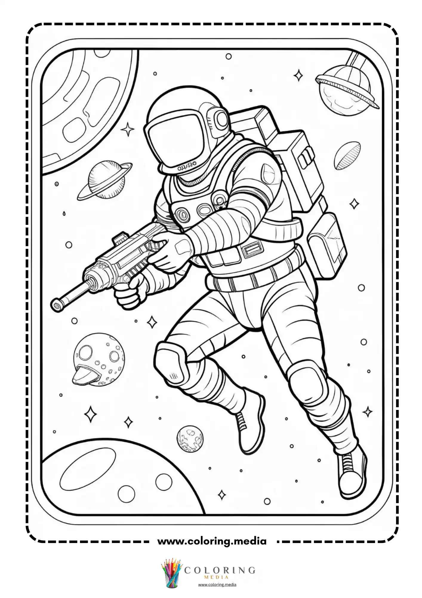 Astronaut coloring page with astronaut on a planetary surface