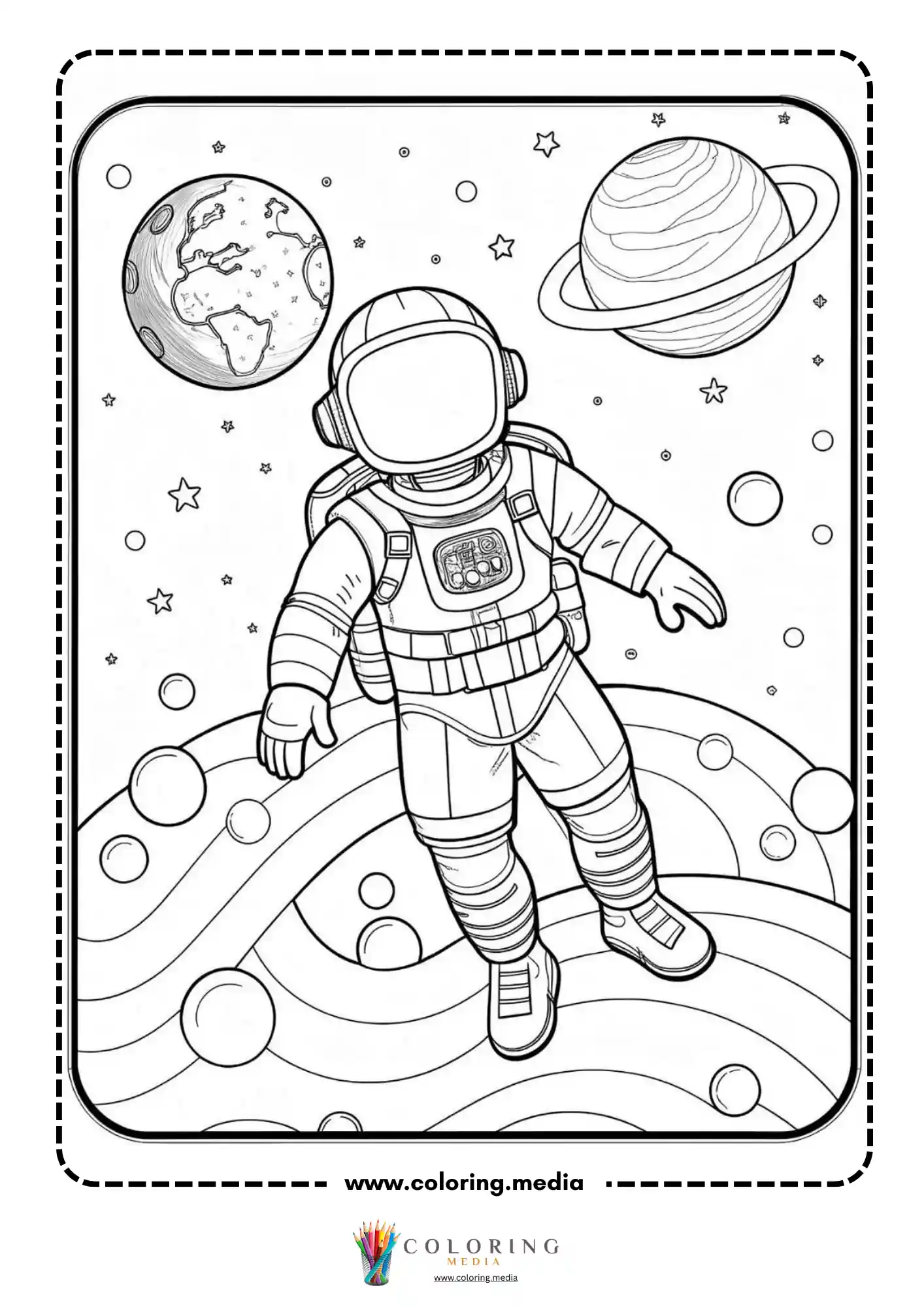 Astronaut coloring page with astronaut standing on moon surface