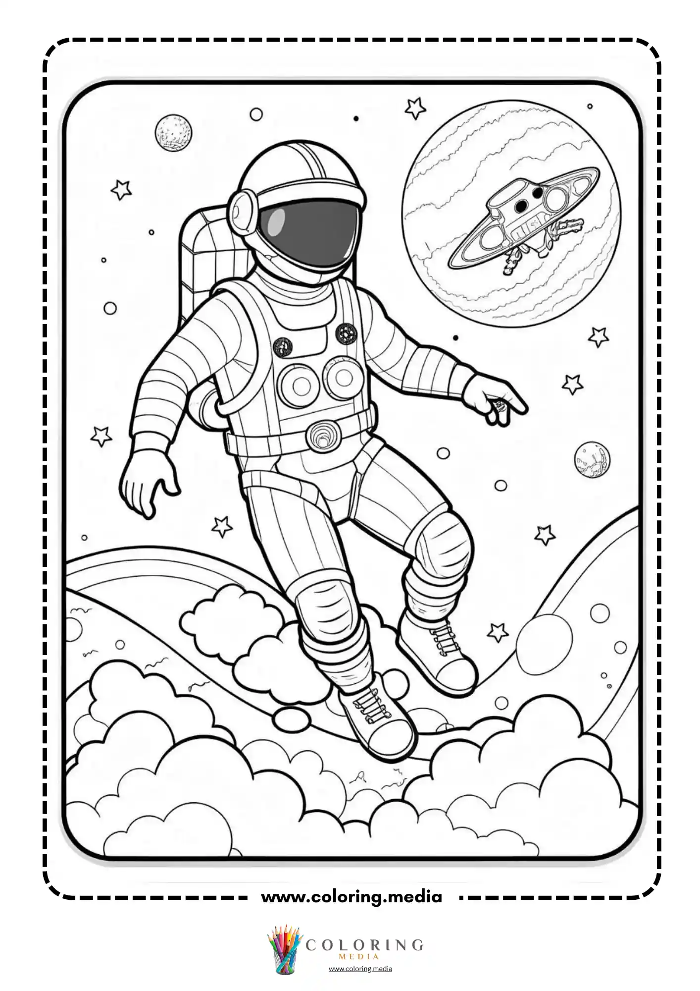 Astronaut coloring page with space traveler and control panel
