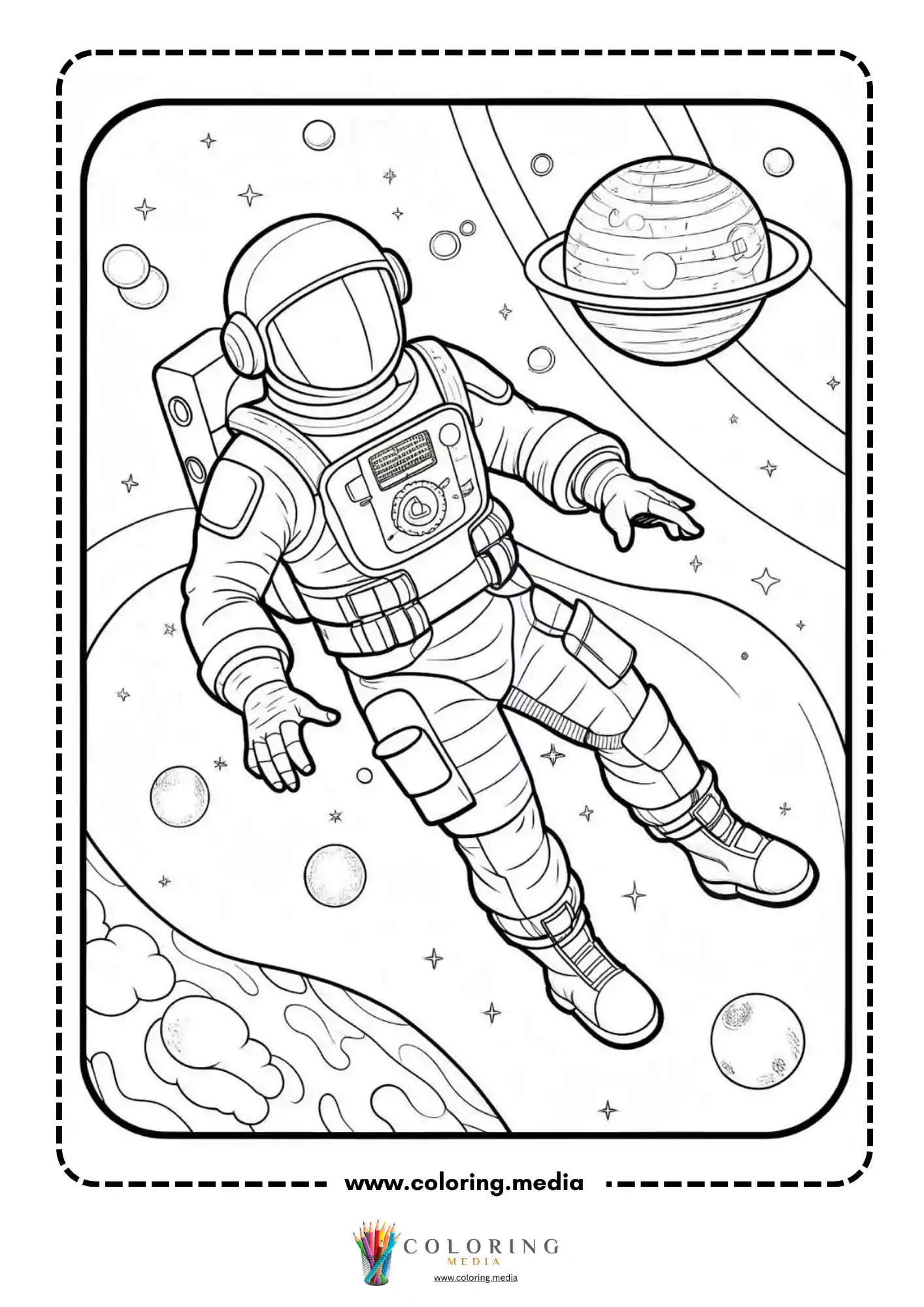 Astronaut coloring page with astronaut near rocket ship