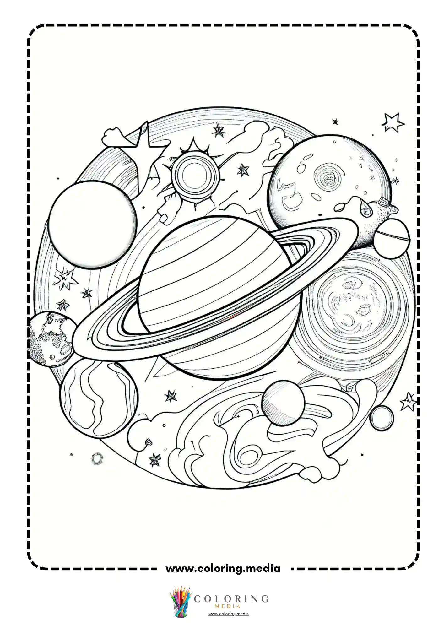 Ringed planet surrounded by stars and smaller planets