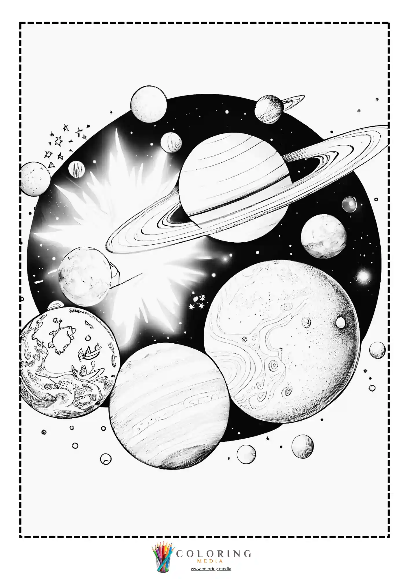 Ringed planet with bright starbursts and scattered moons
