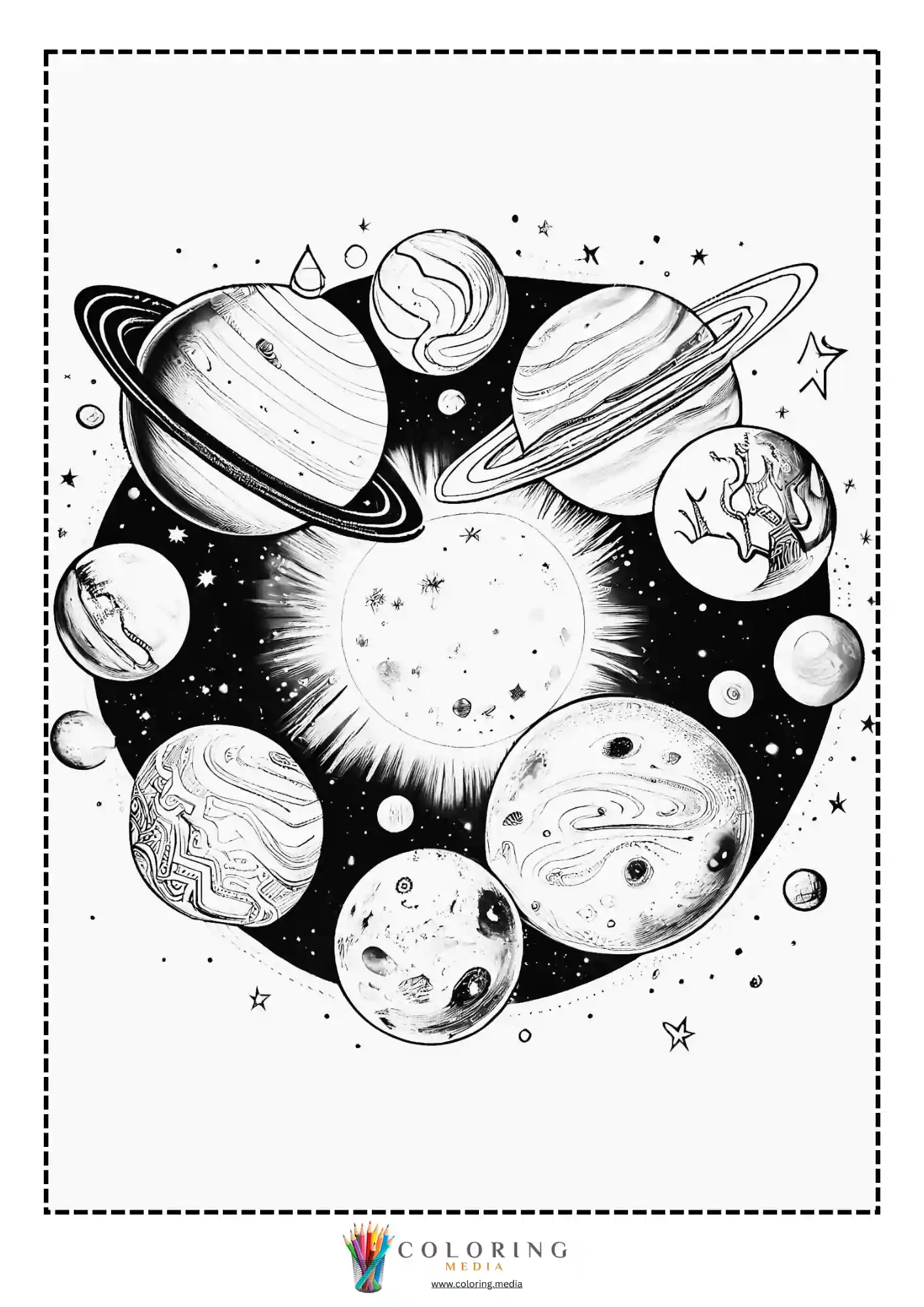 Solar system collage with ringed planets around a glowing sun