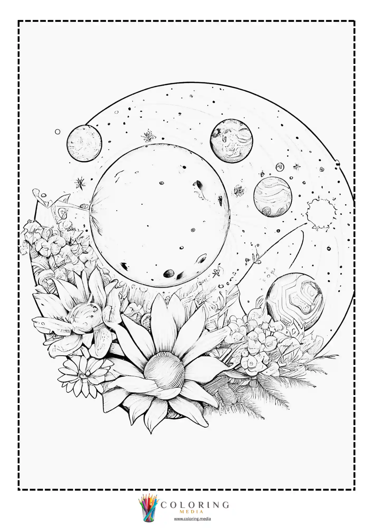 Large moon above flowers and small planets