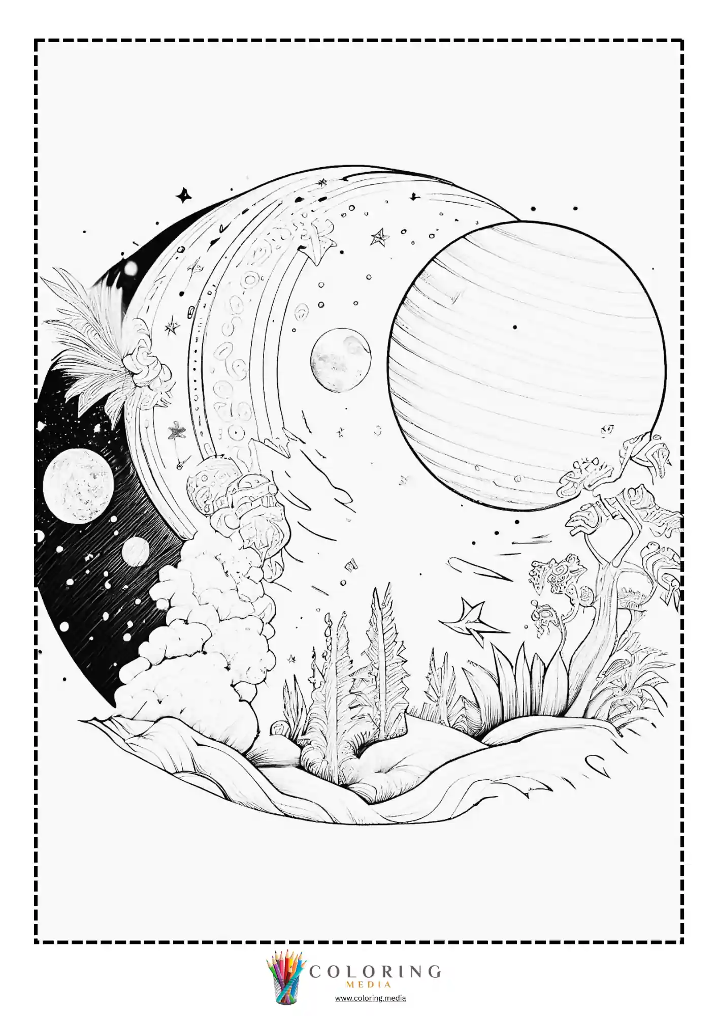Giant planet rising over a surreal alien landscape