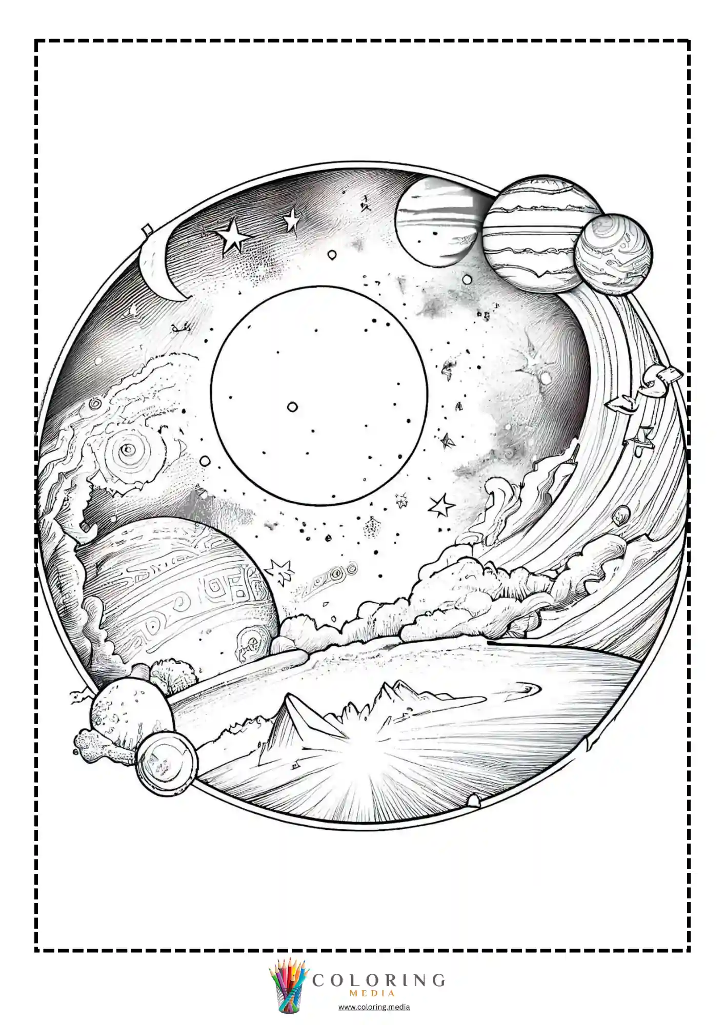 Space scene with moon, stars, and striped planets