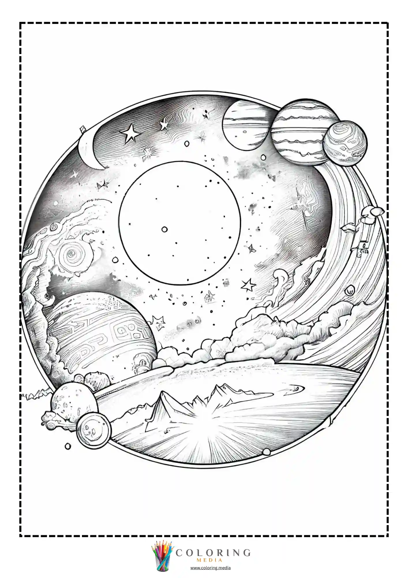 Planet landscape with moons and a bright horizon