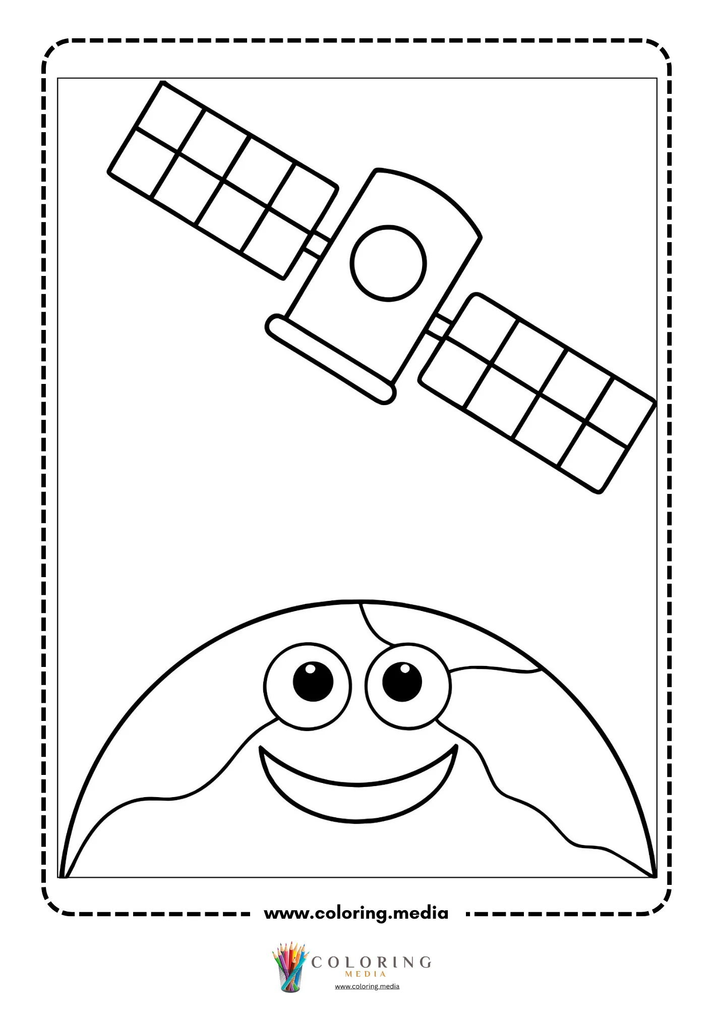 Outer space coloring page with satellite above smiling planet