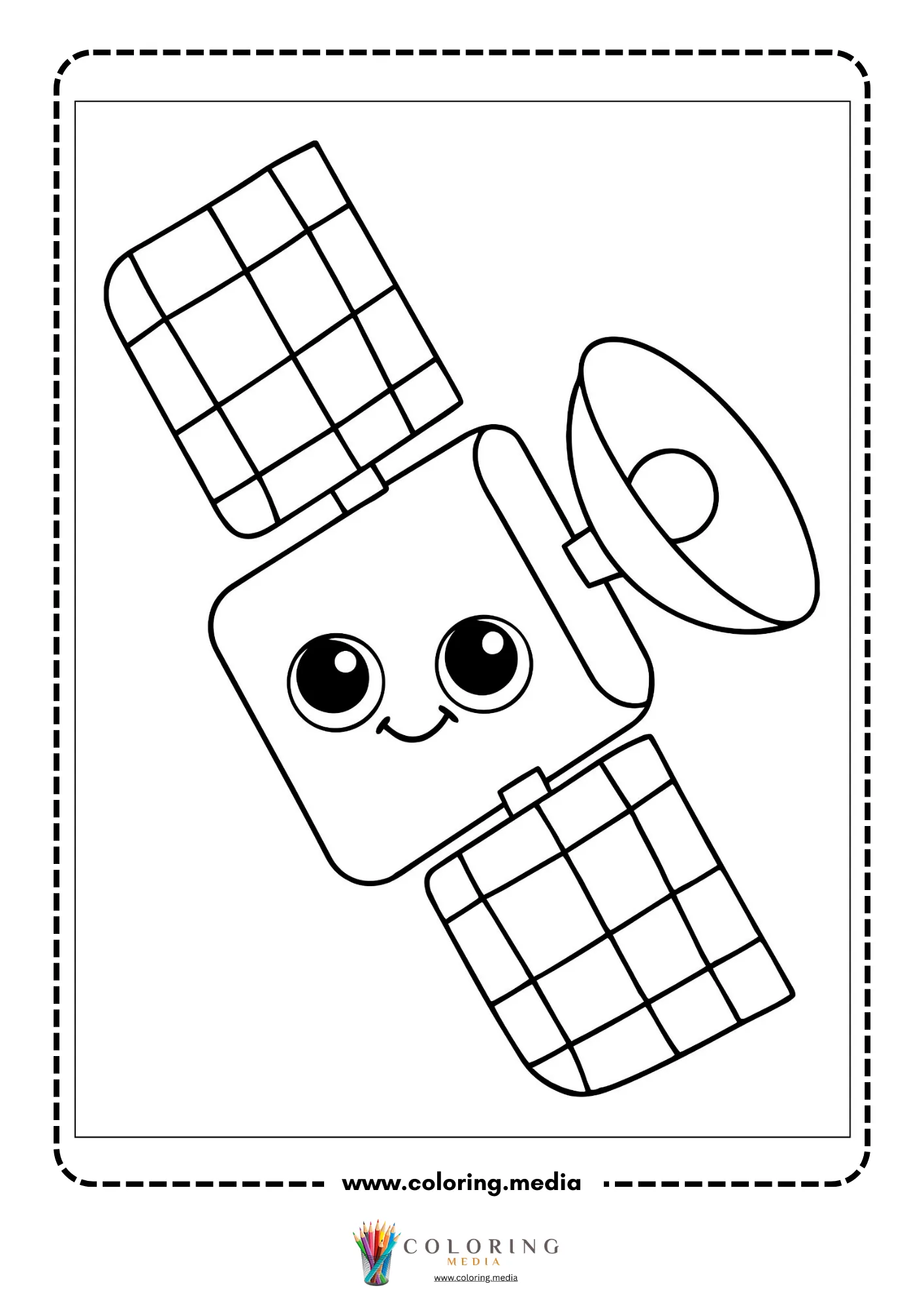 Outer space coloring page with satellite panels and Earth below