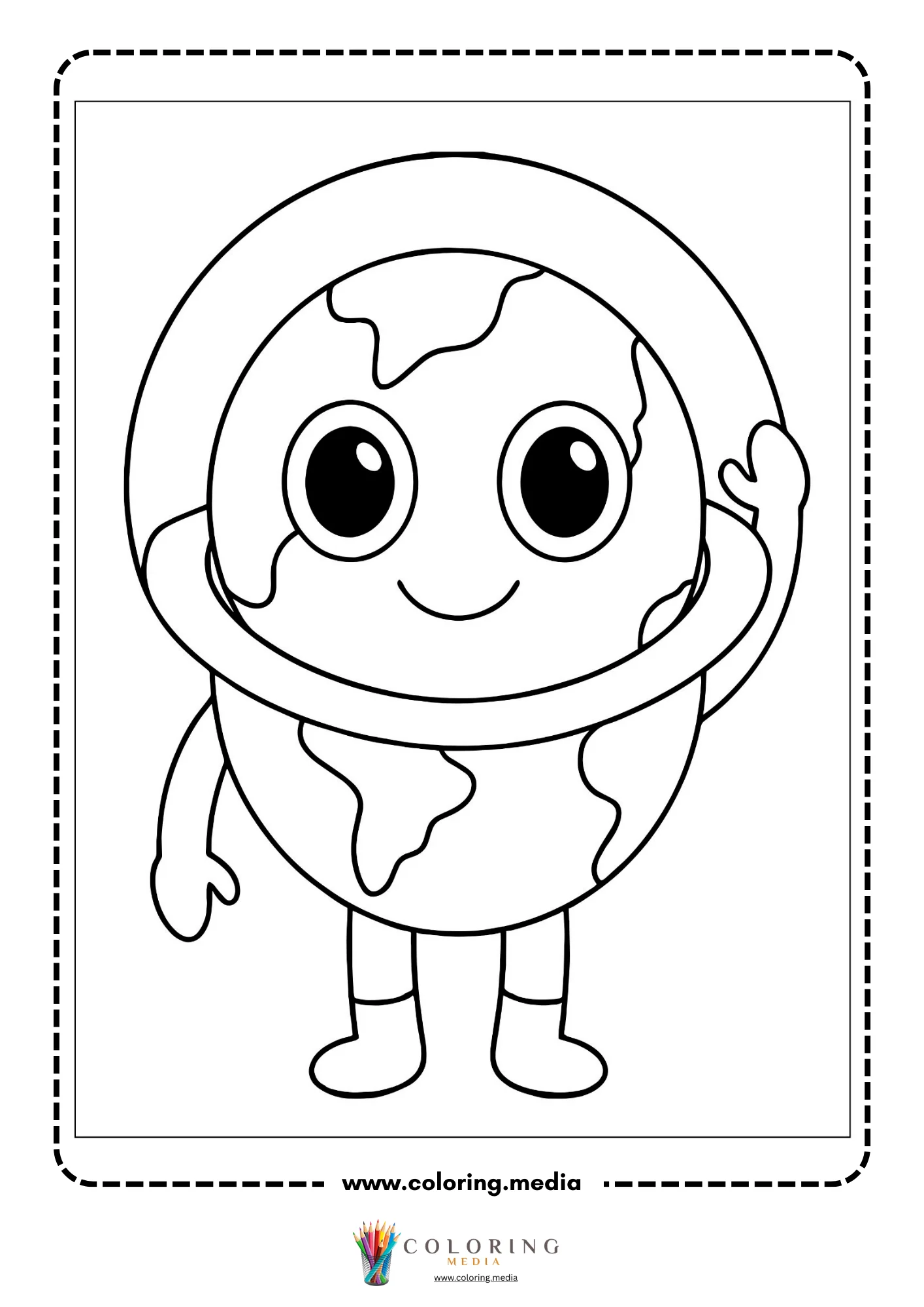 Outer space coloring page with smiling space planet