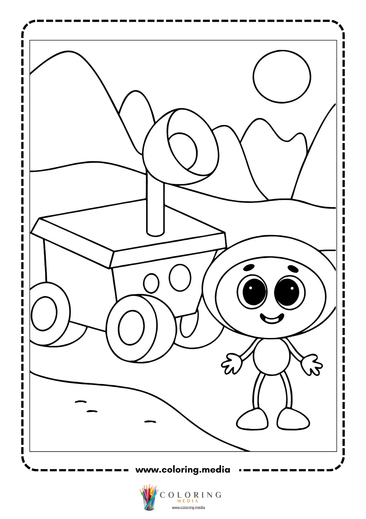 Outer space coloring page with planets stars and satellite