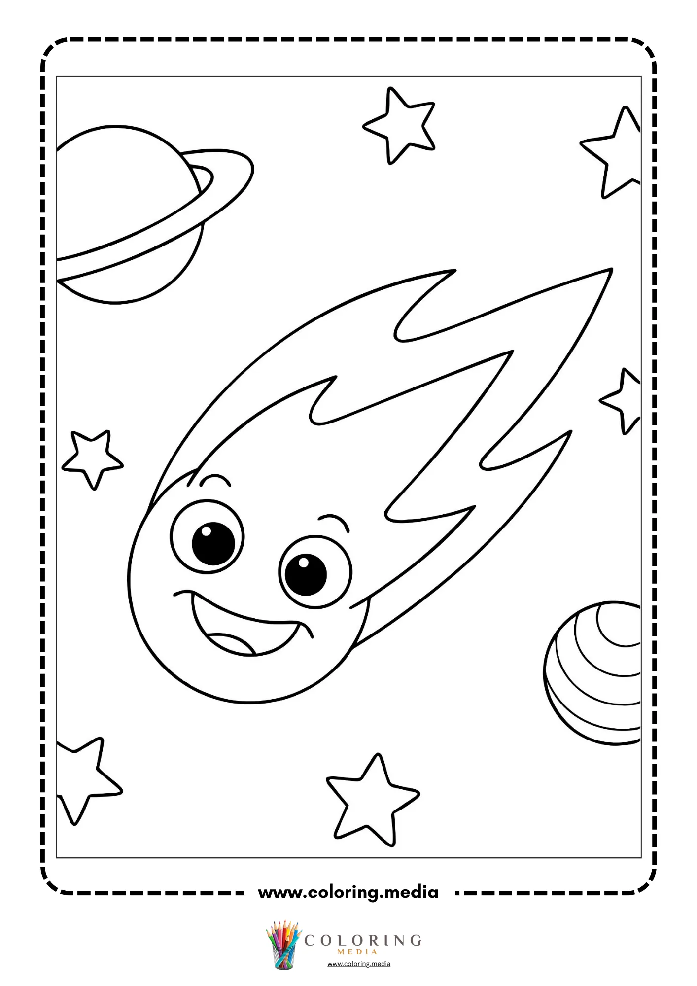 Outer space coloring page with rocket ship and space background