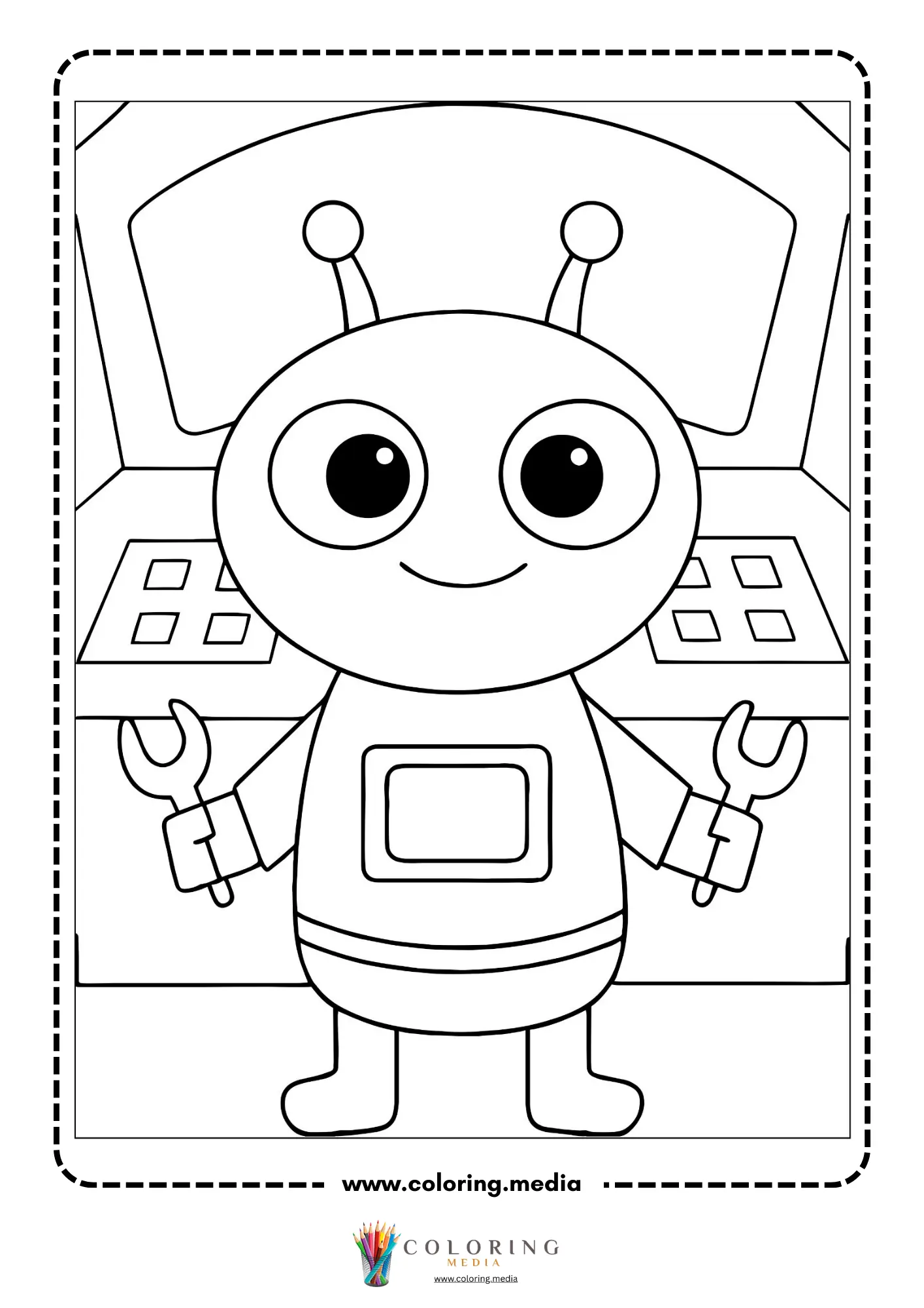 Outer space coloring page with friendly planet and orbiting satellite