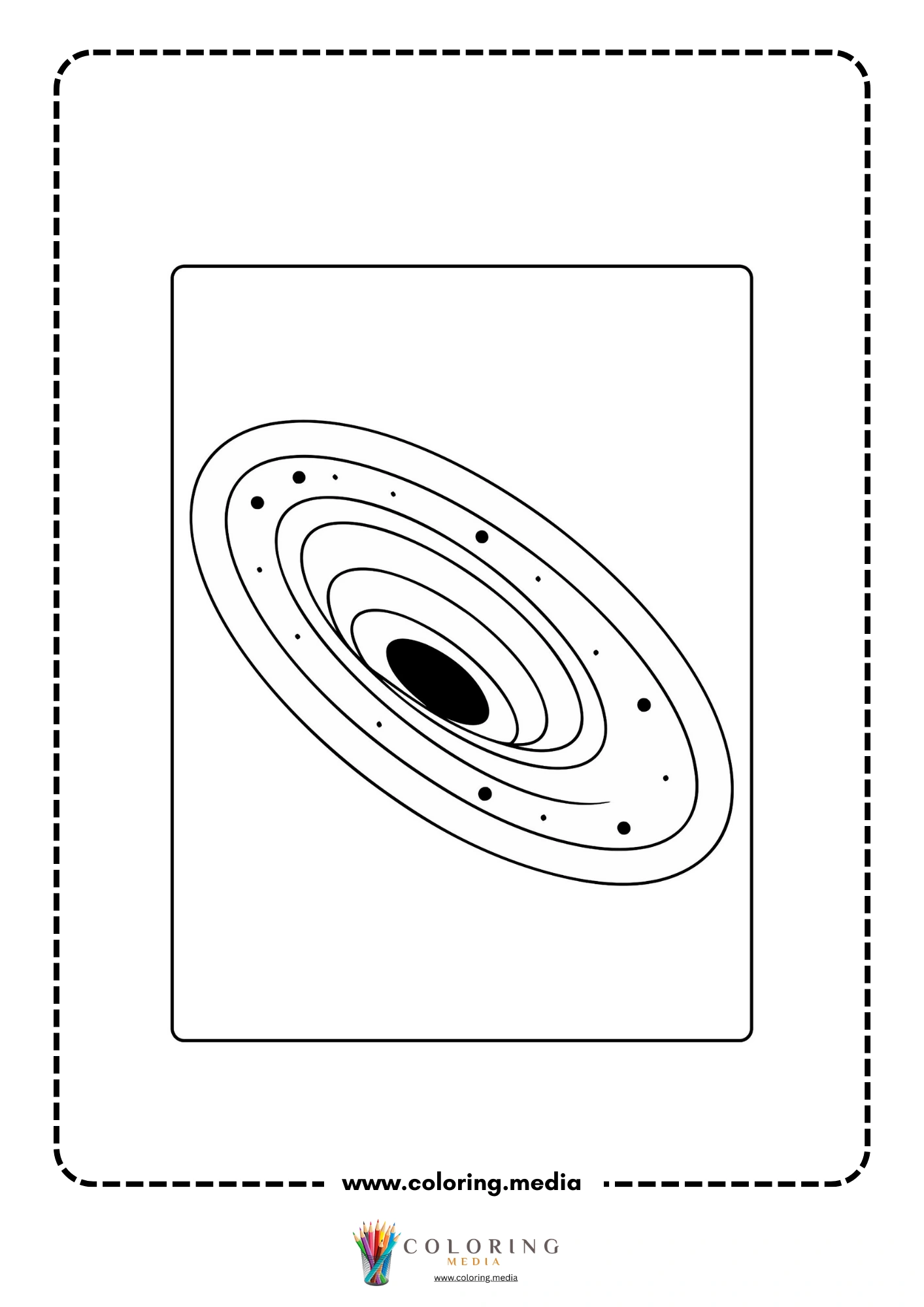Solar system coloring page with spiral galaxy and star dots