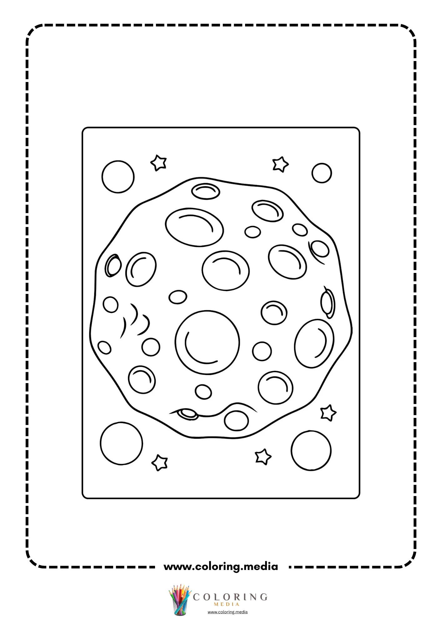 Solar system coloring page with moon craters and stars