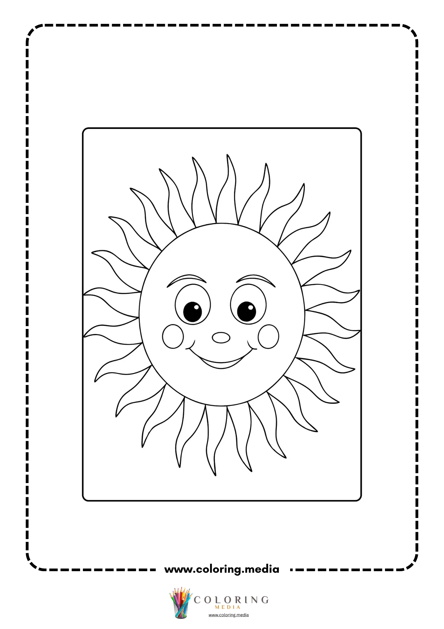 Solar system coloring page with smiling sun face