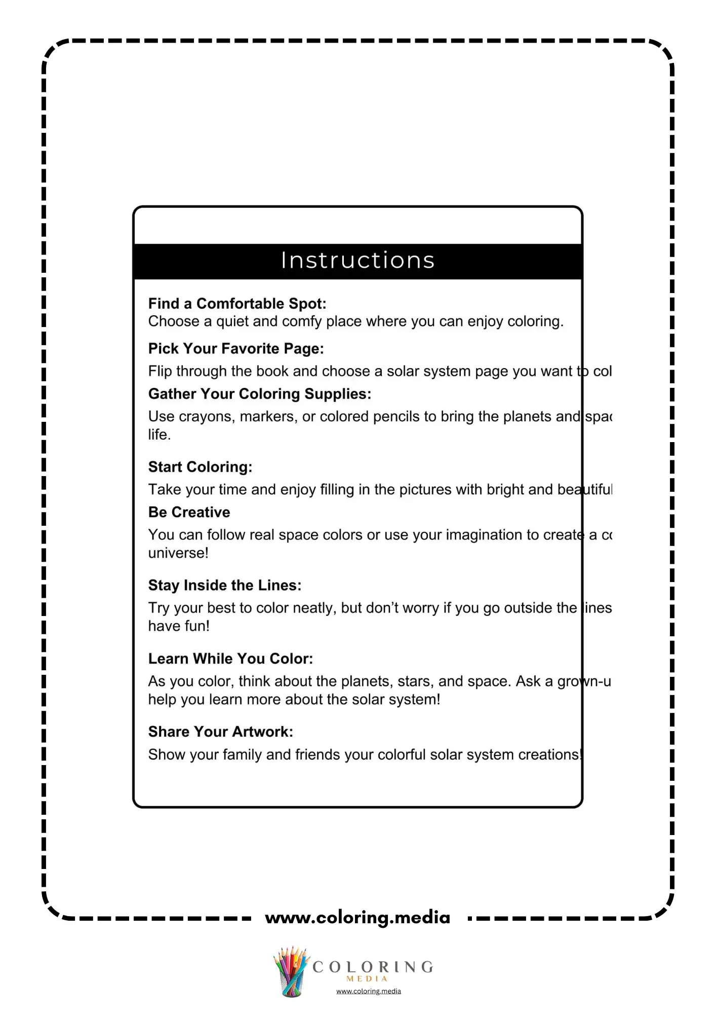Solar system coloring page with sun and orbiting planets