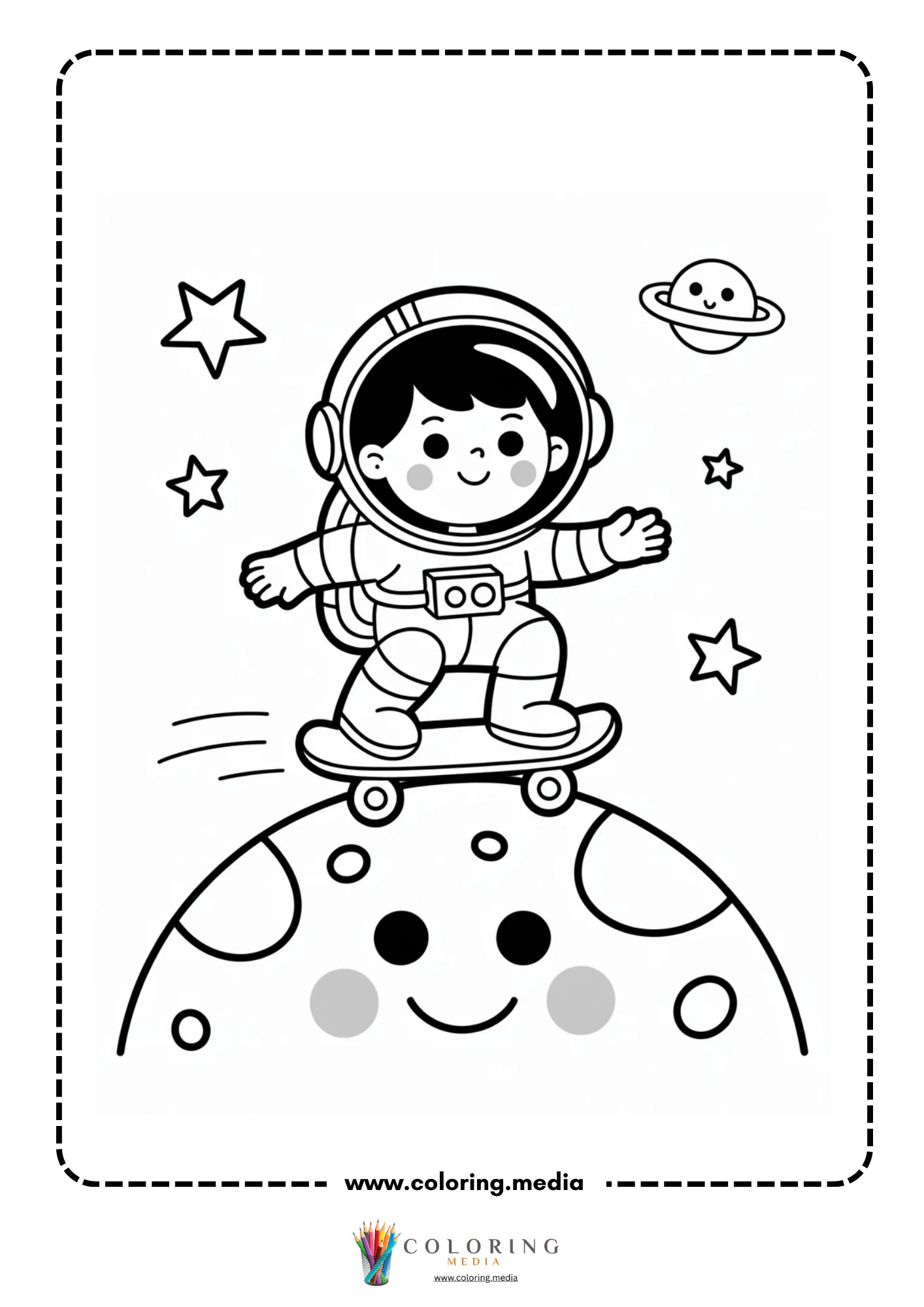 Solar system coloring page with astronaut floating in space