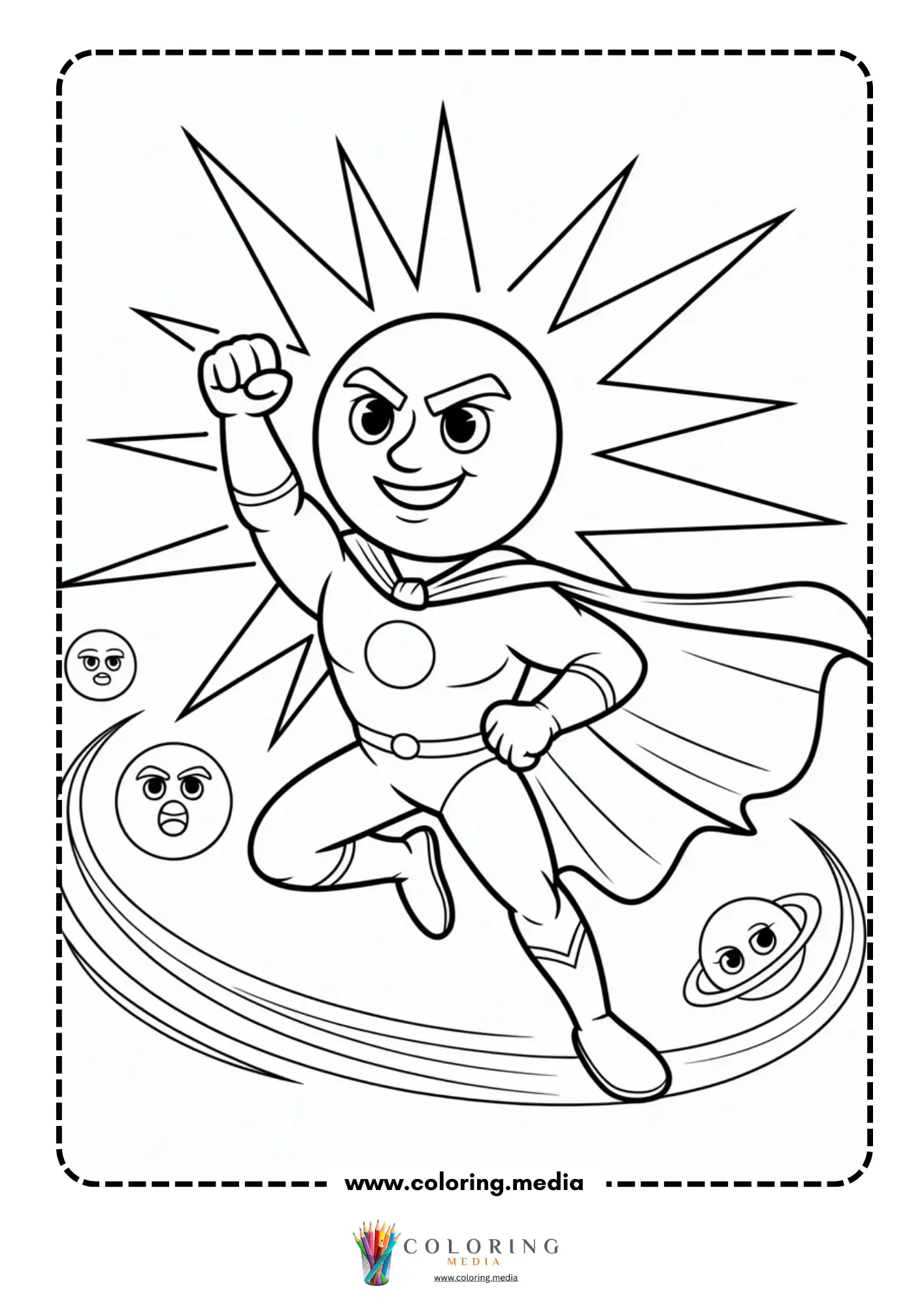 Solar system coloring page with rocket and crescent moon