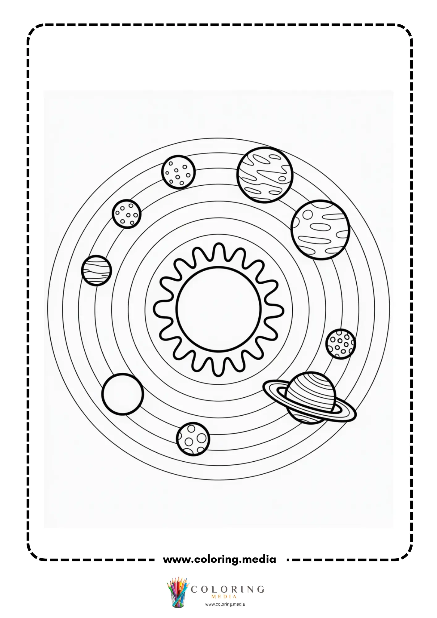 Solar system coloring page with planets arranged around sun