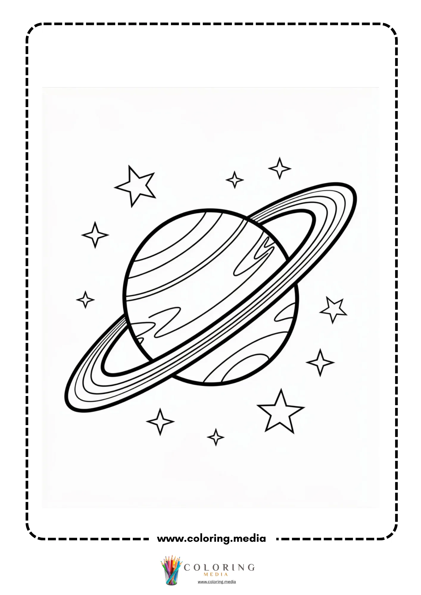Solar system coloring page with smiling stars and planet