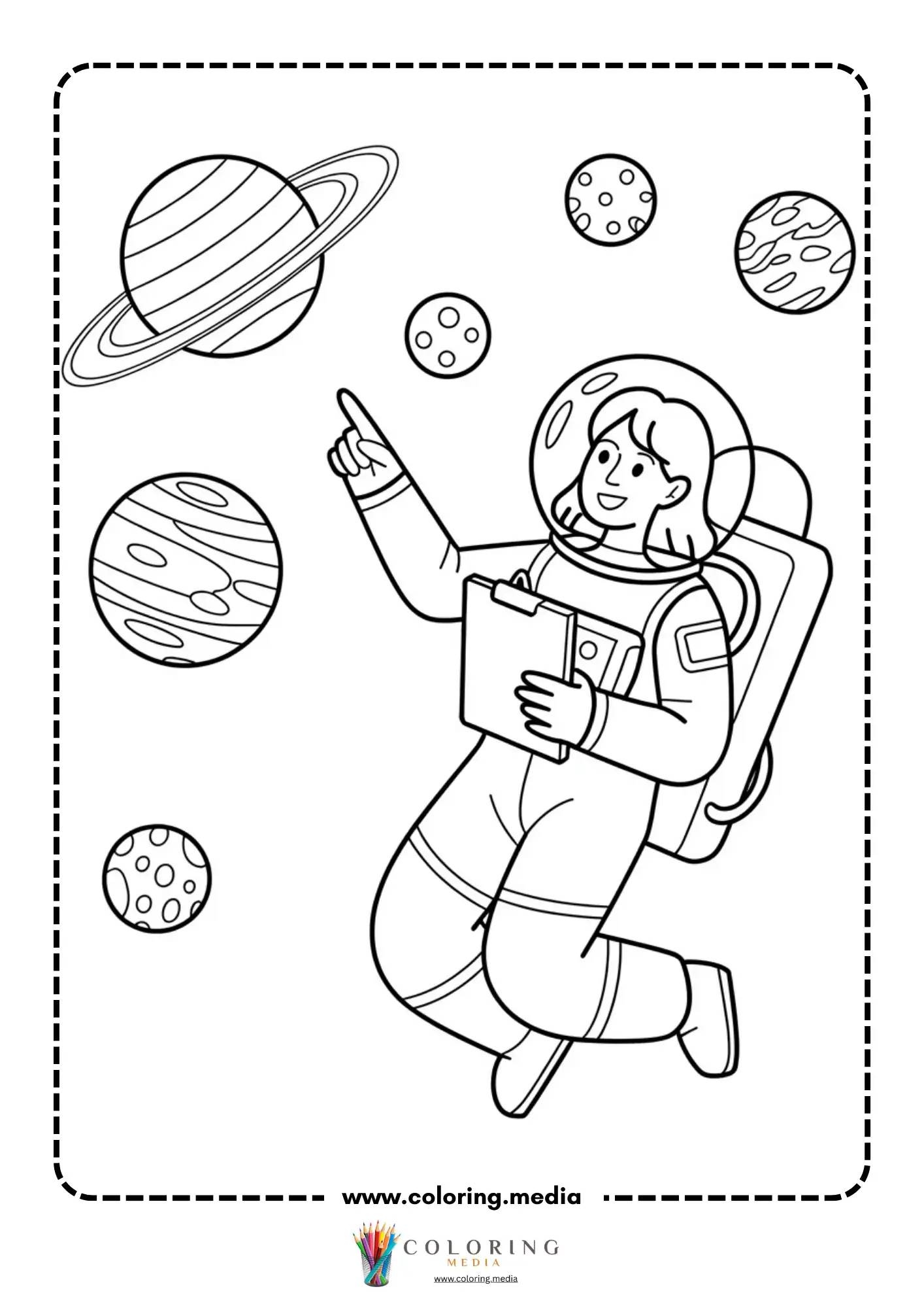 Solar system coloring page with space exploration objects