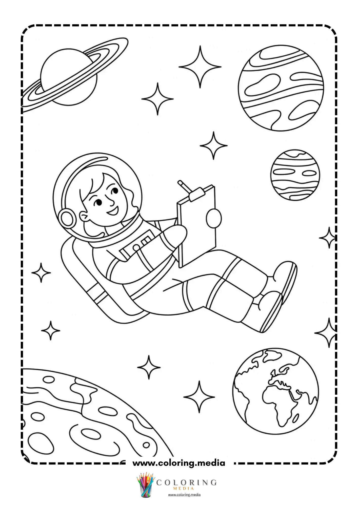 Solar system coloring page with planets inside orbit rings