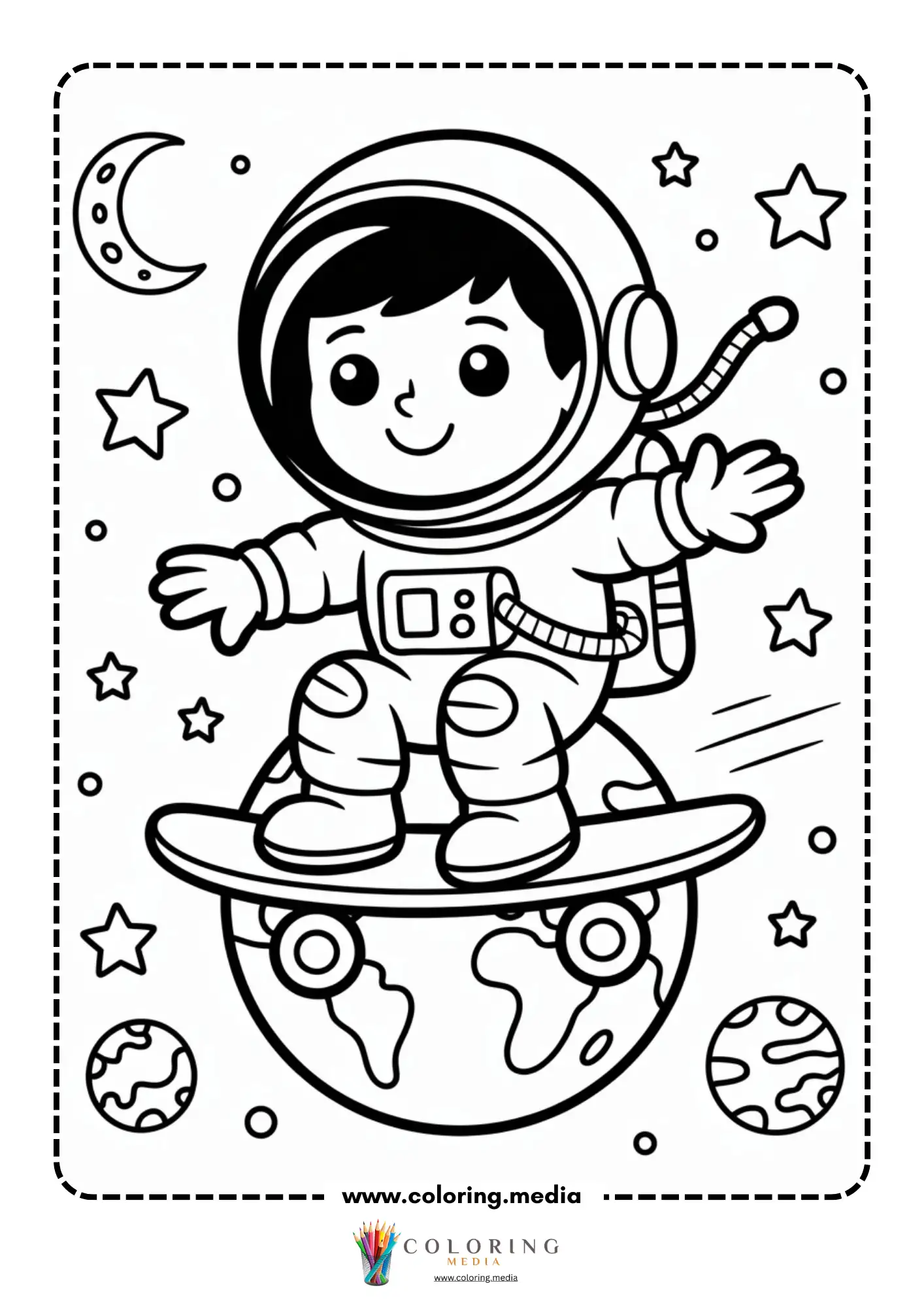 Solar system coloring page with astronaut and rocket scene