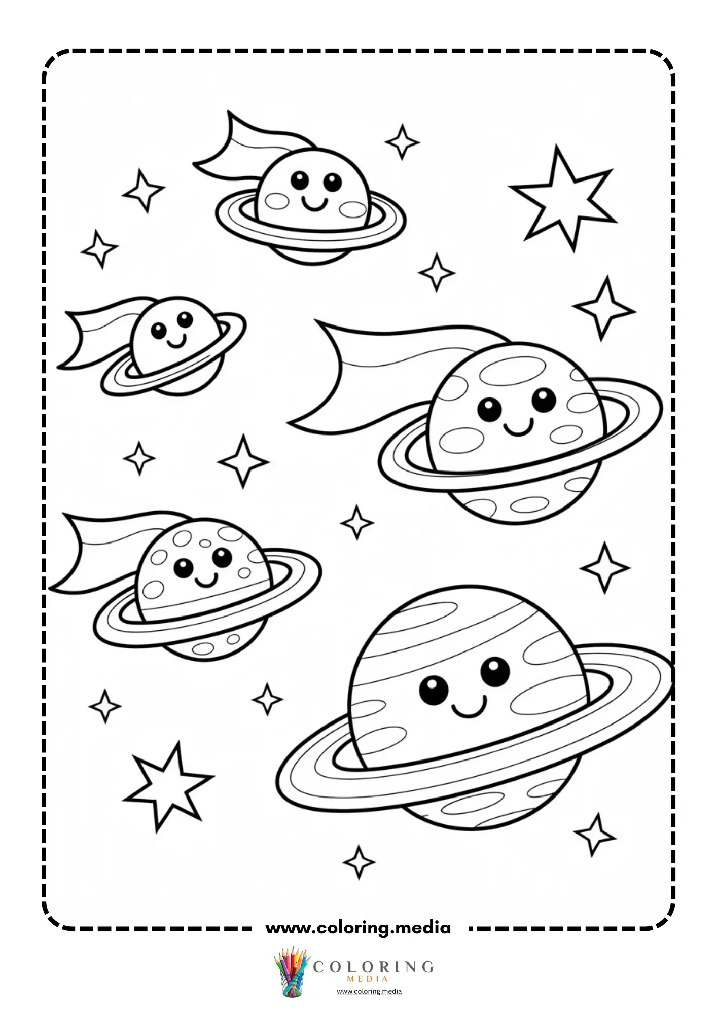 Solar system coloring page with starry sky and planets